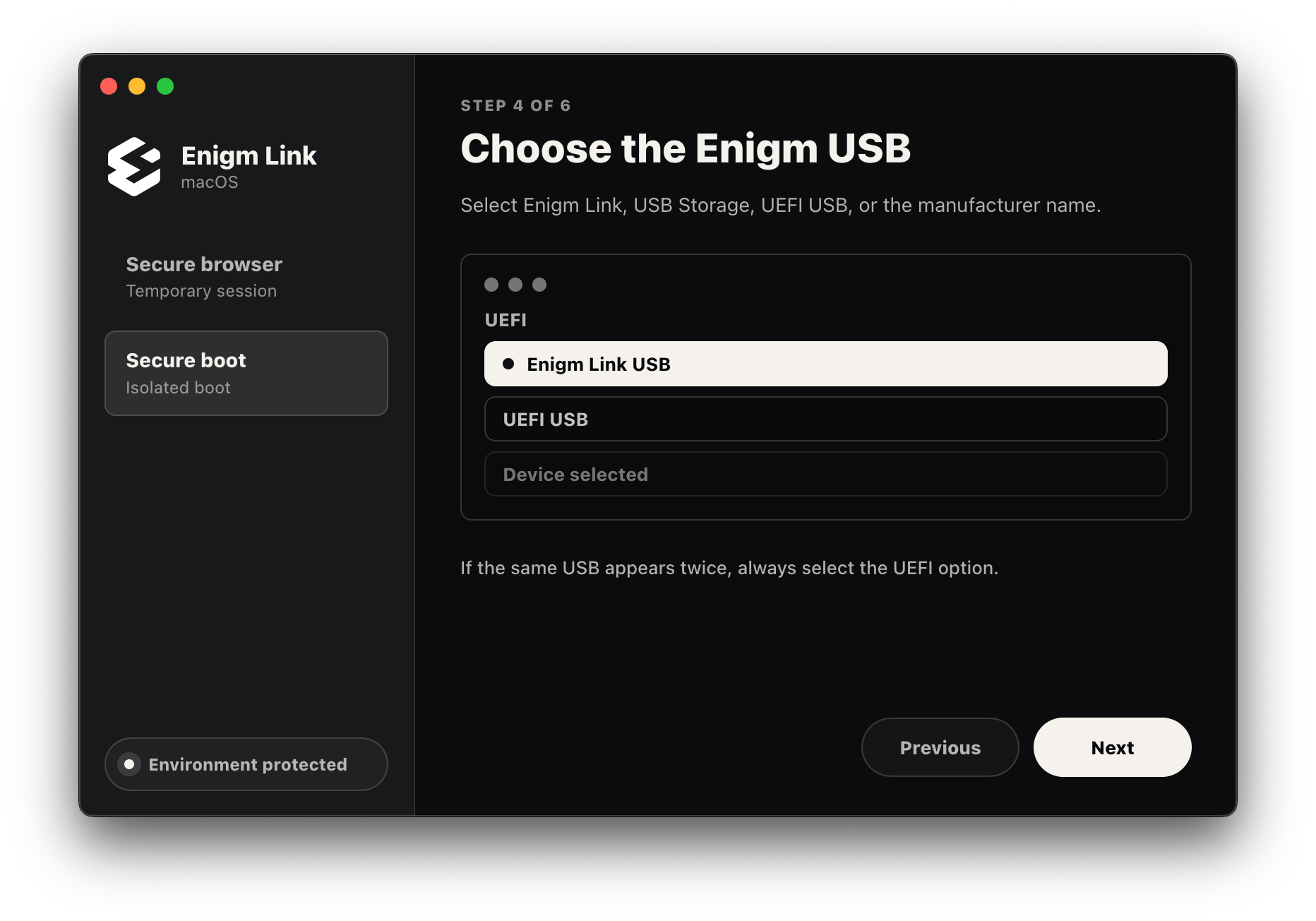 Enigm Link secure boot step four choose the Enigm USB