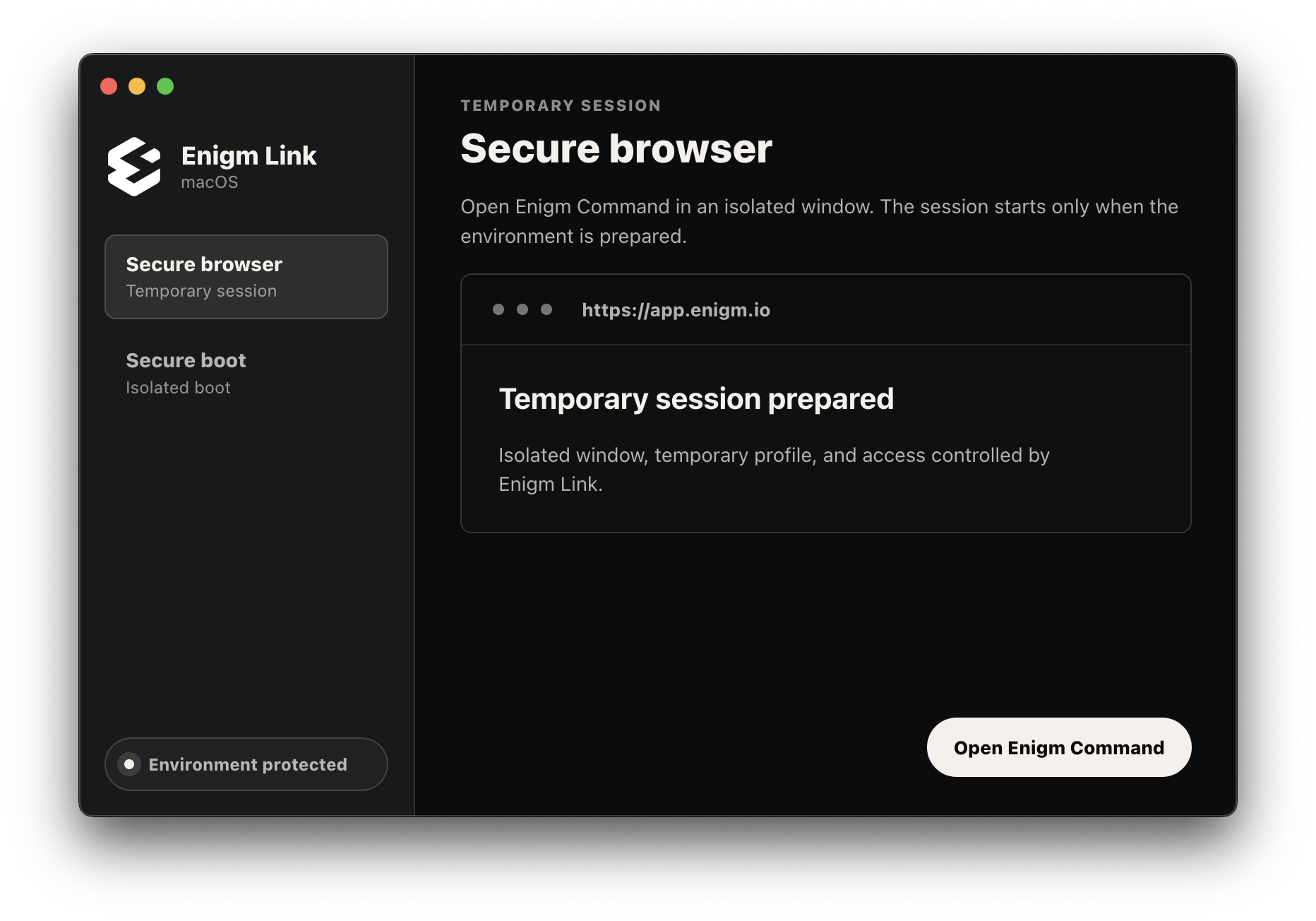 Enigm Link secure browser temporary session prepared