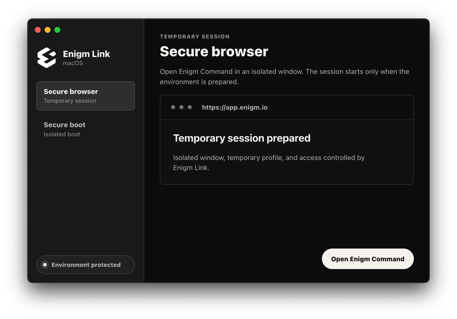 Enigm Link secure browser temporary session prepared