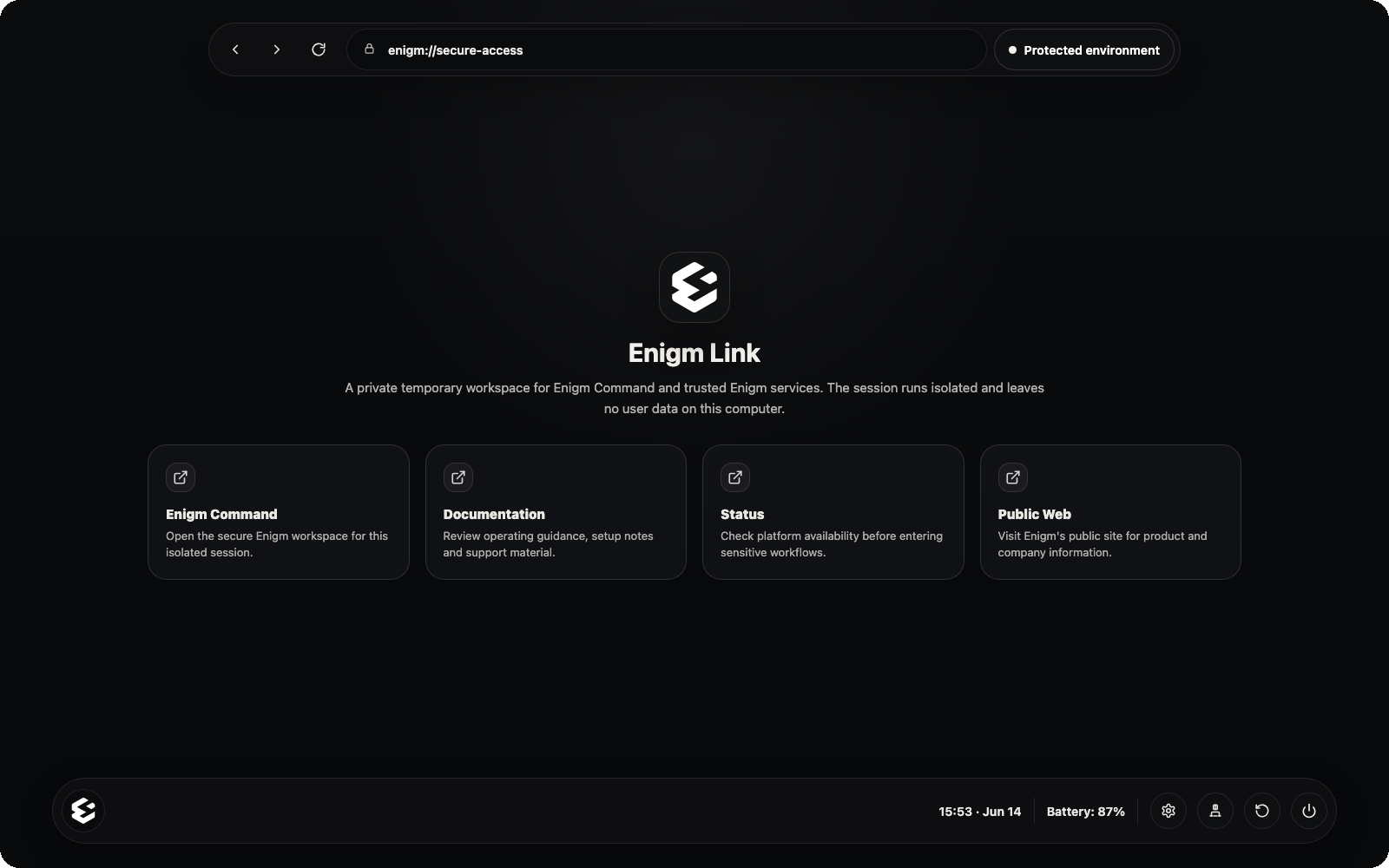 Enigm Link Boot OS home screen with official navigation cards
