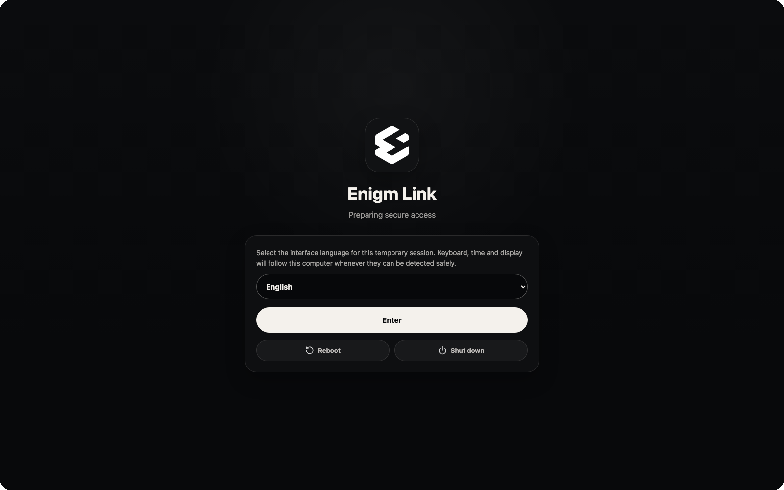 Enigm Link Boot OS language selection screen