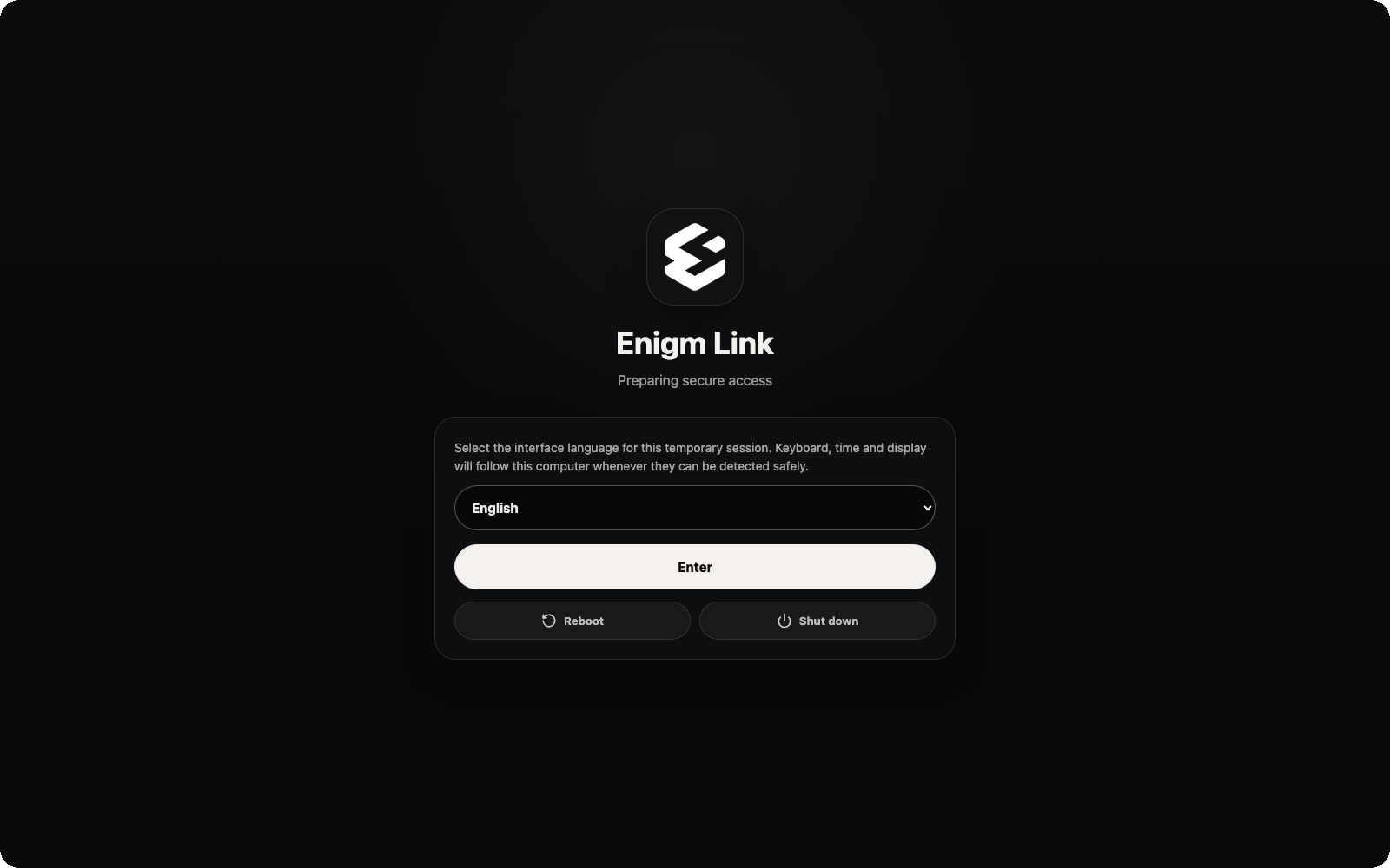 Enigm Link Boot OS language selection screen
