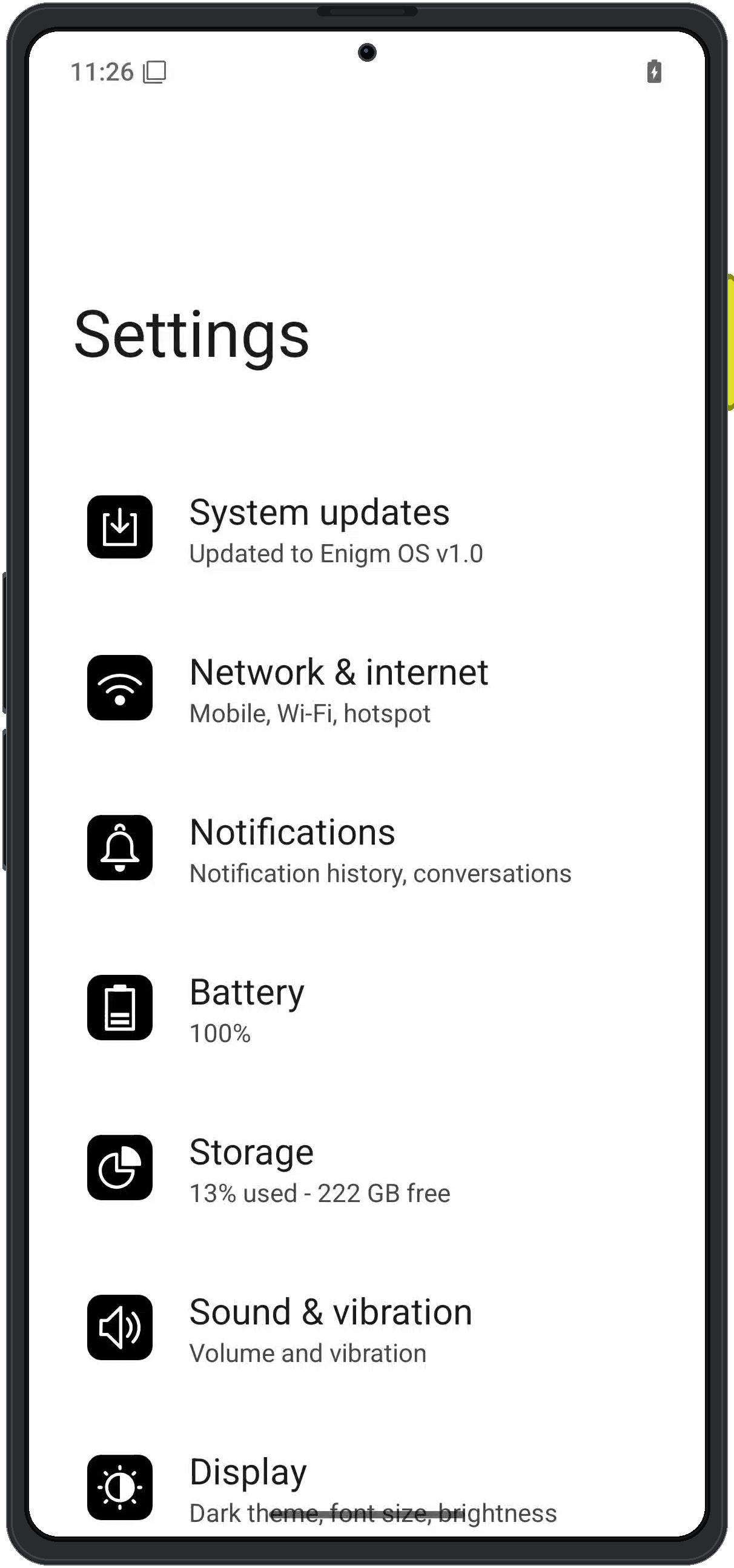 Enigm OS settings screen showing Network and Internet