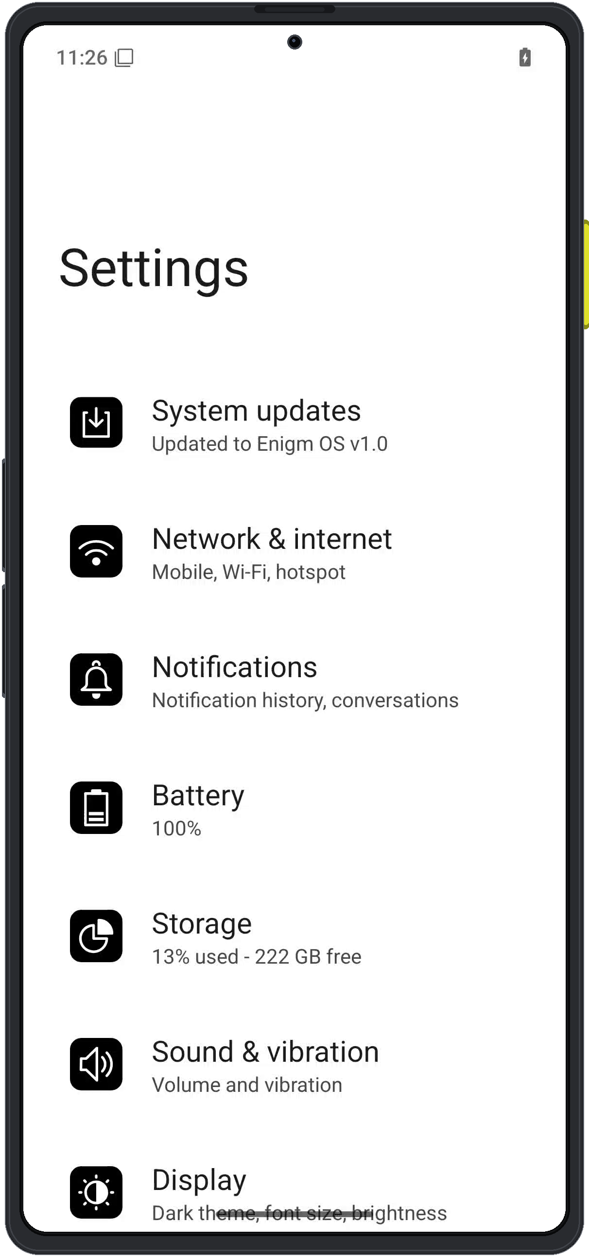 Enigm OS settings screen showing Network and Internet