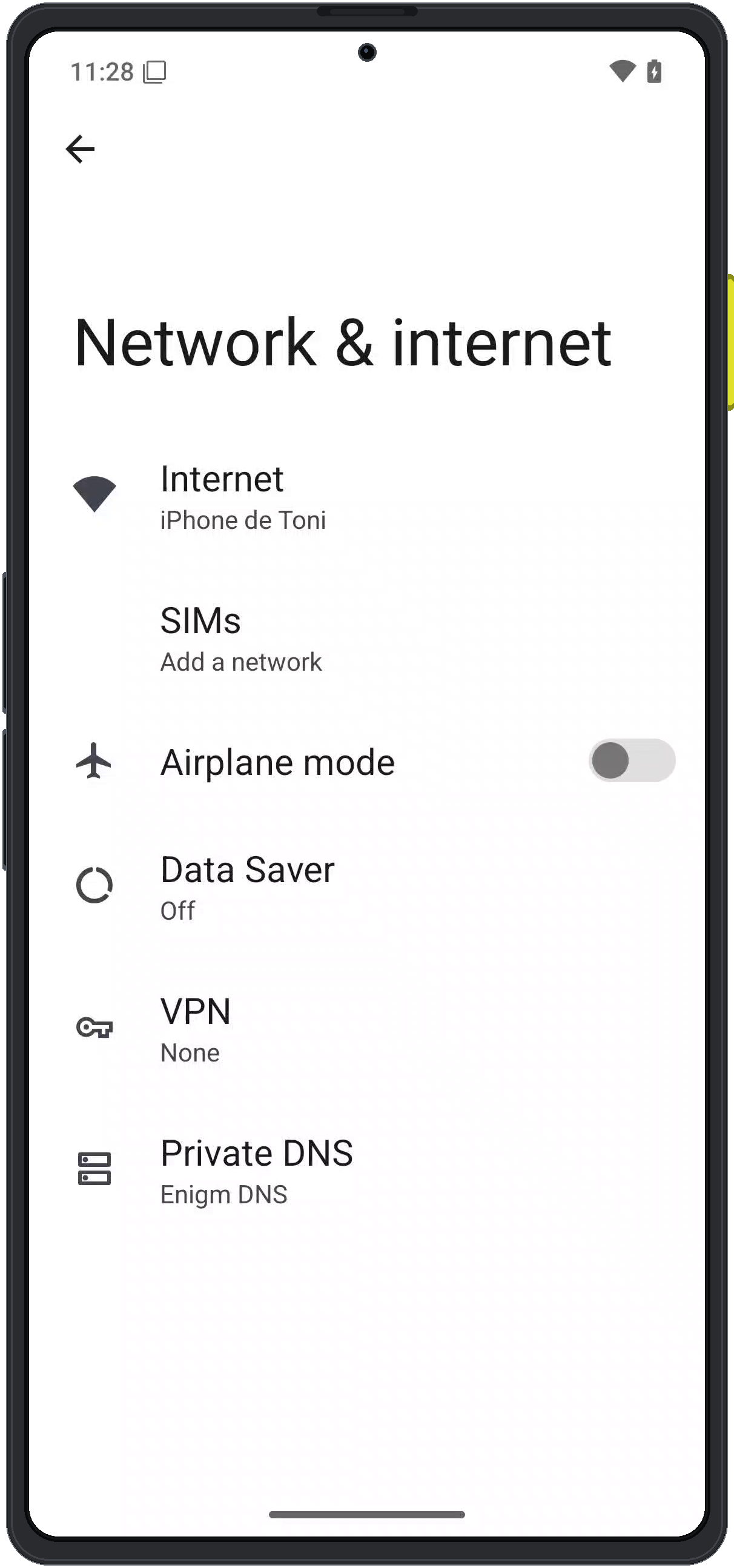 Enigm OS Network and Internet screen showing SIMs