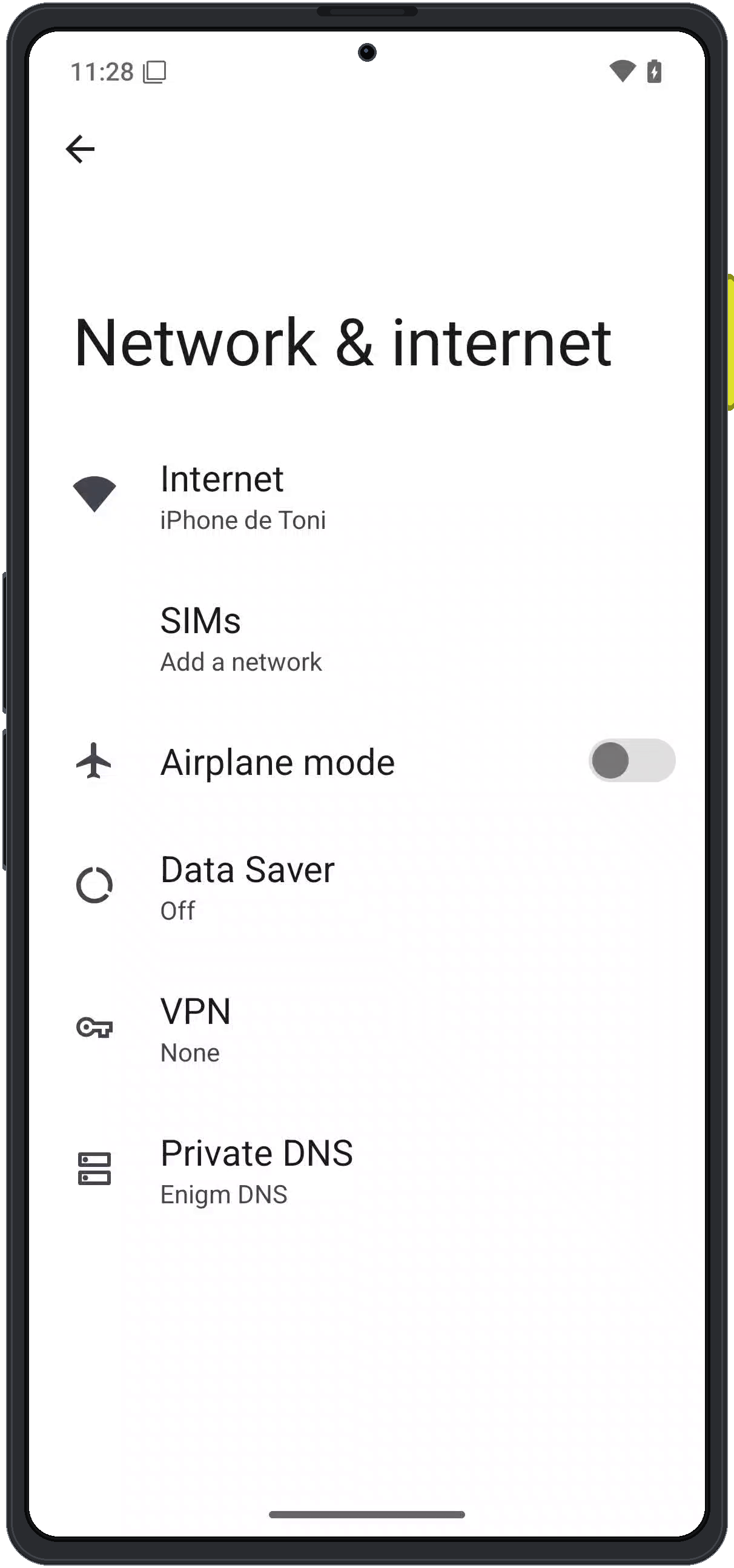 Enigm OS Network and Internet screen showing SIMs