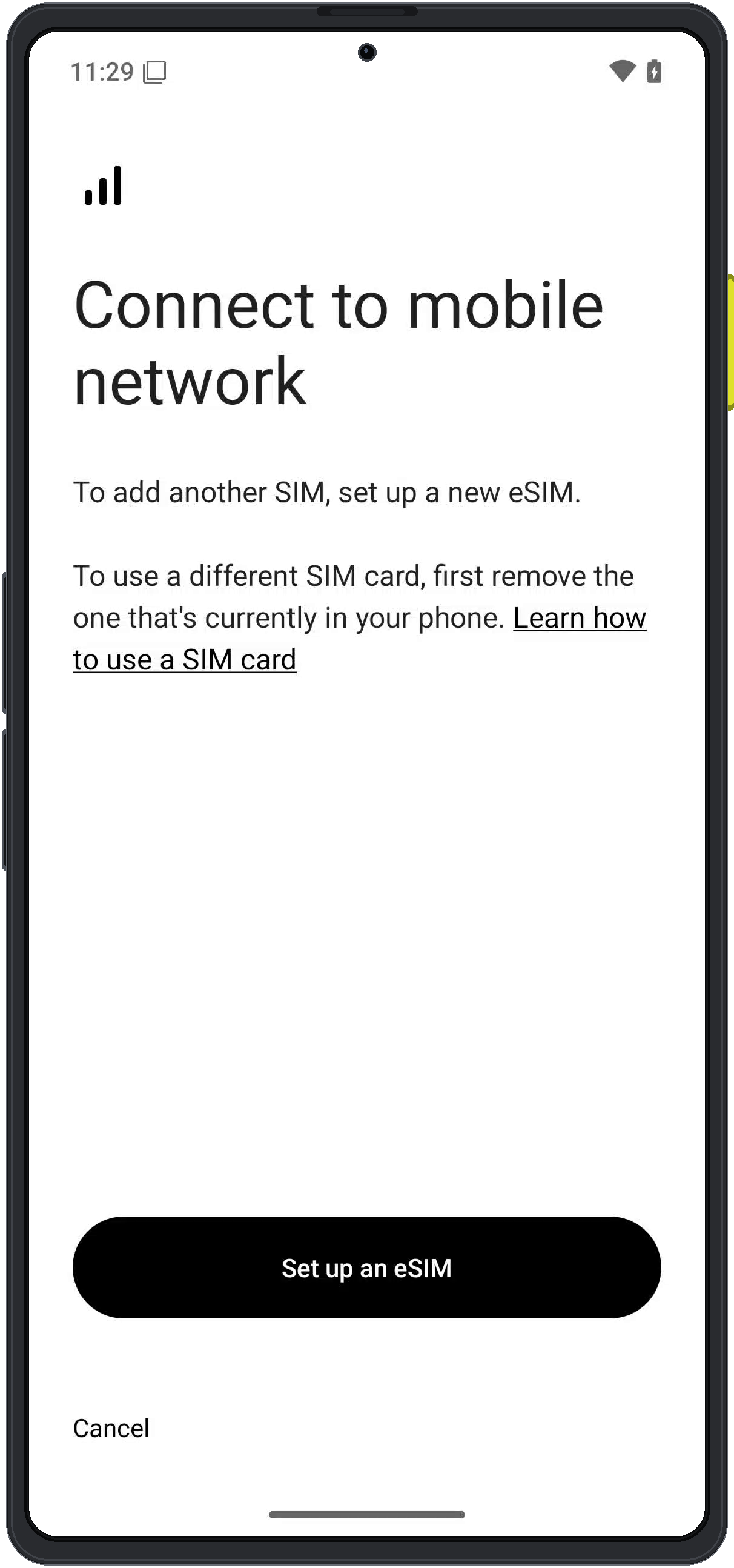 Enigm OS mobile network setup screen with Set up an eSIM