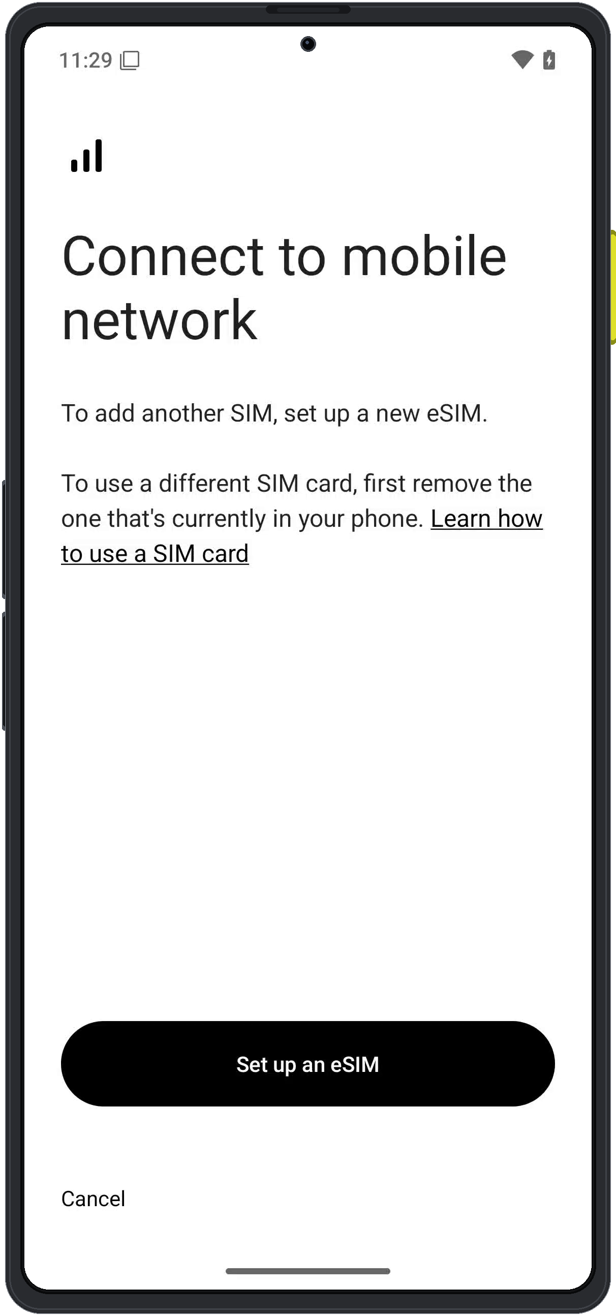 Enigm OS mobile network setup screen with Set up an eSIM