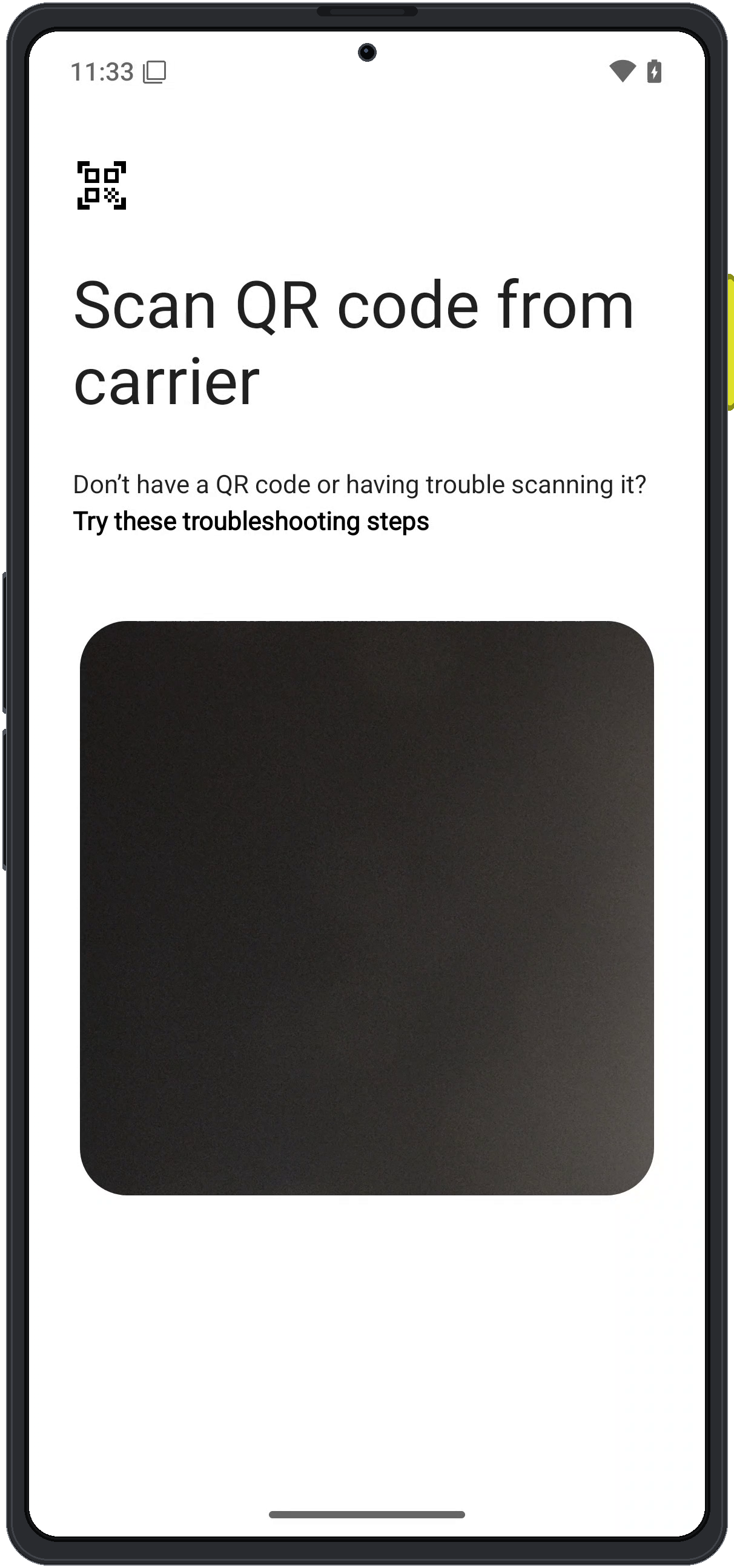 Enigm OS eSIM QR code scanning screen