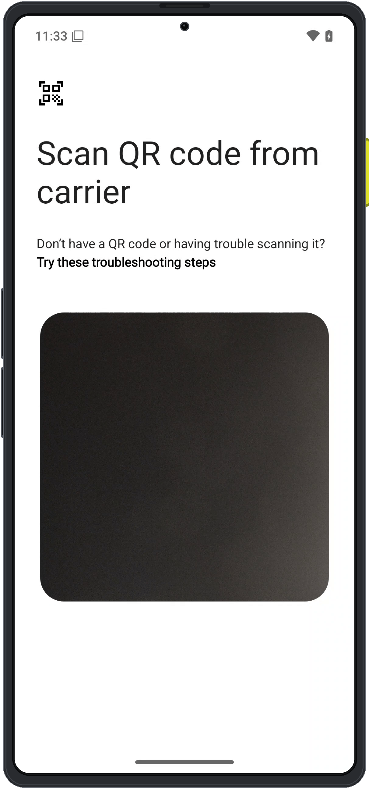 Enigm OS eSIM QR code scanning screen