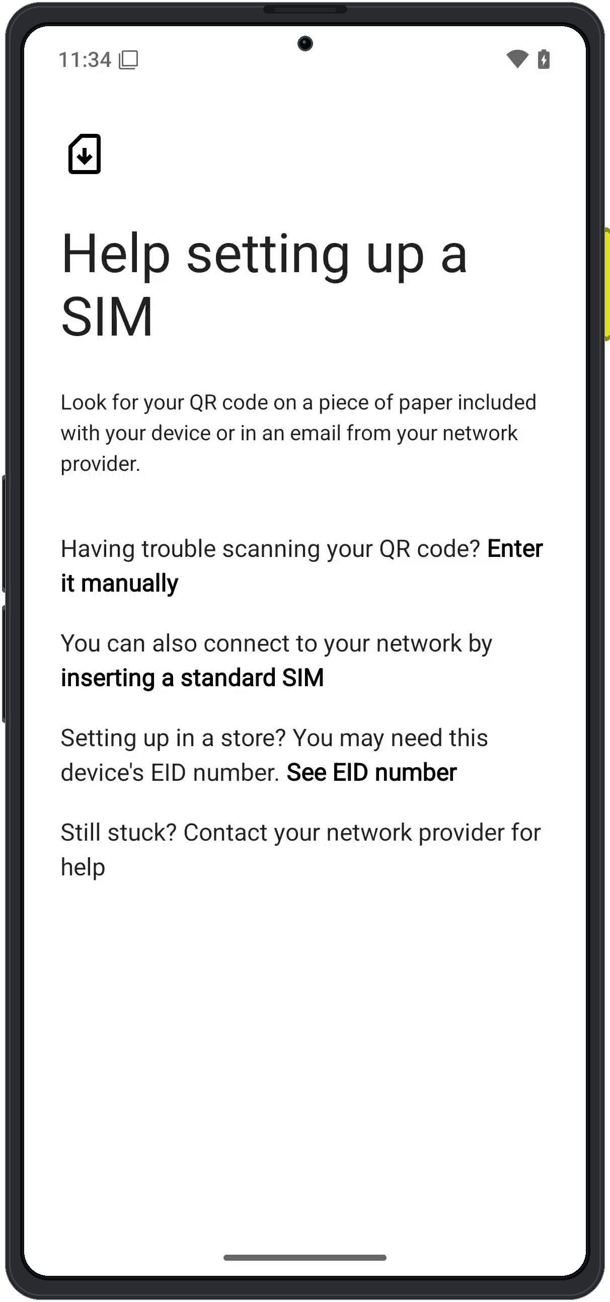 Enigm OS eSIM setup help screen showing manual entry option