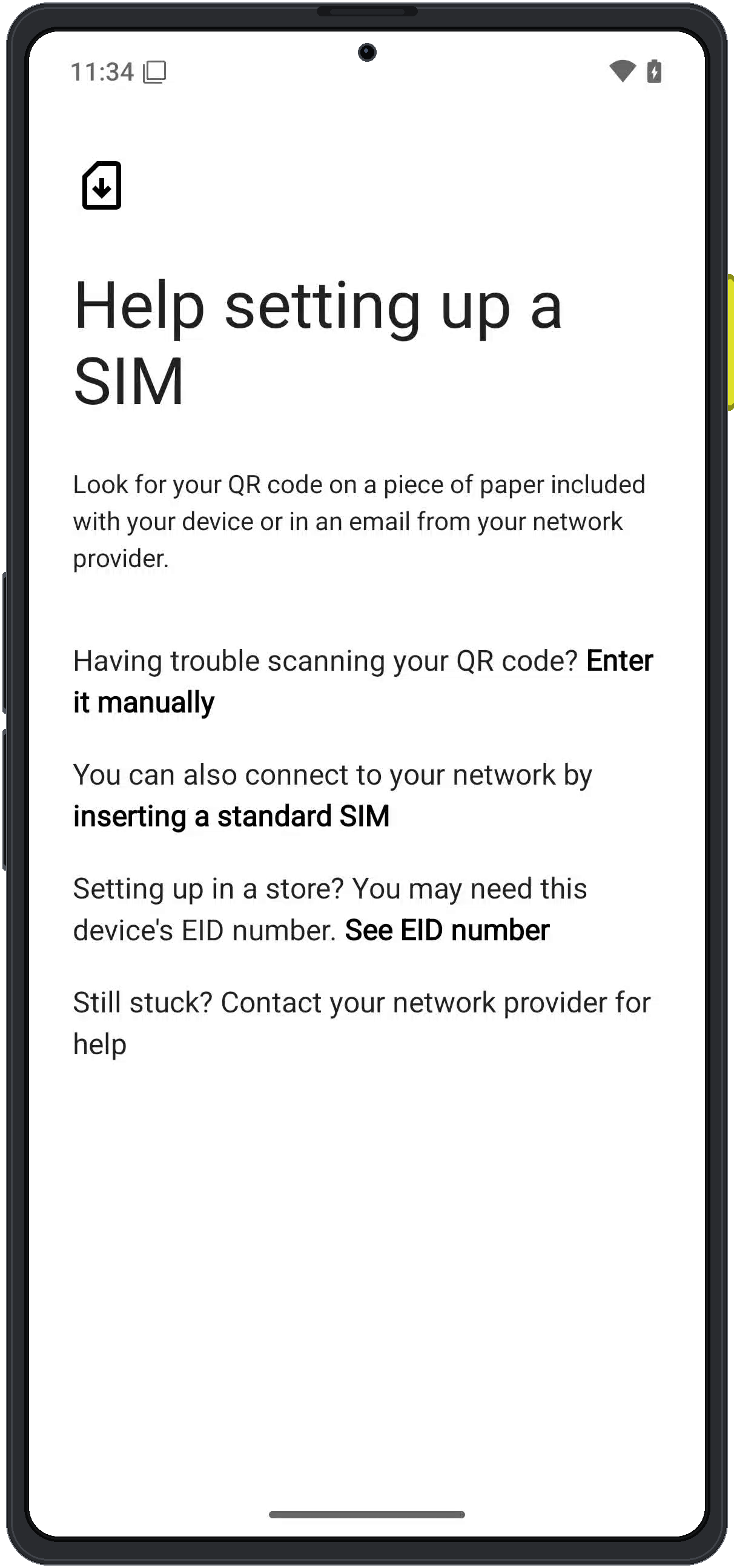 Enigm OS eSIM setup help screen showing manual entry option
