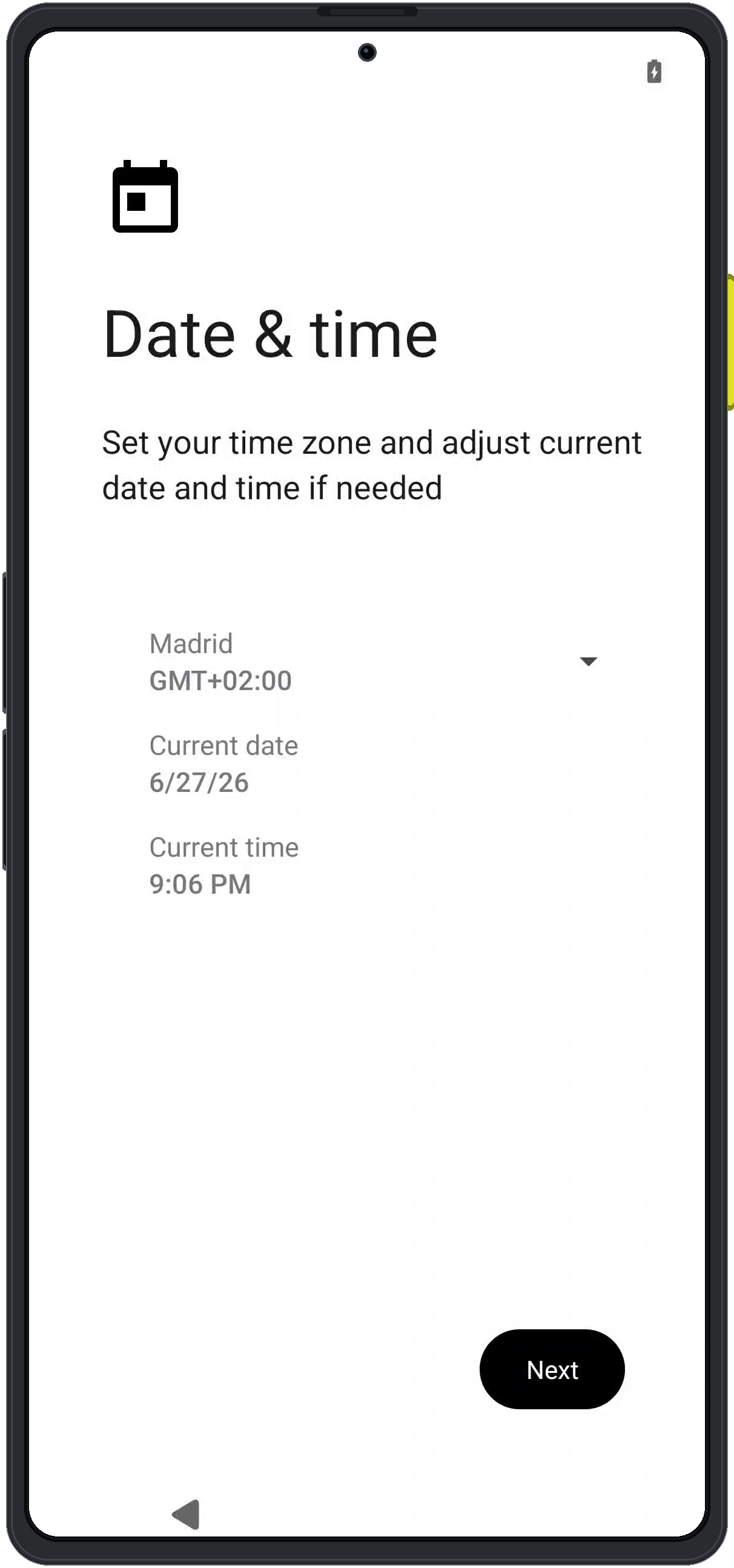 Enigm OS date and time setup screen