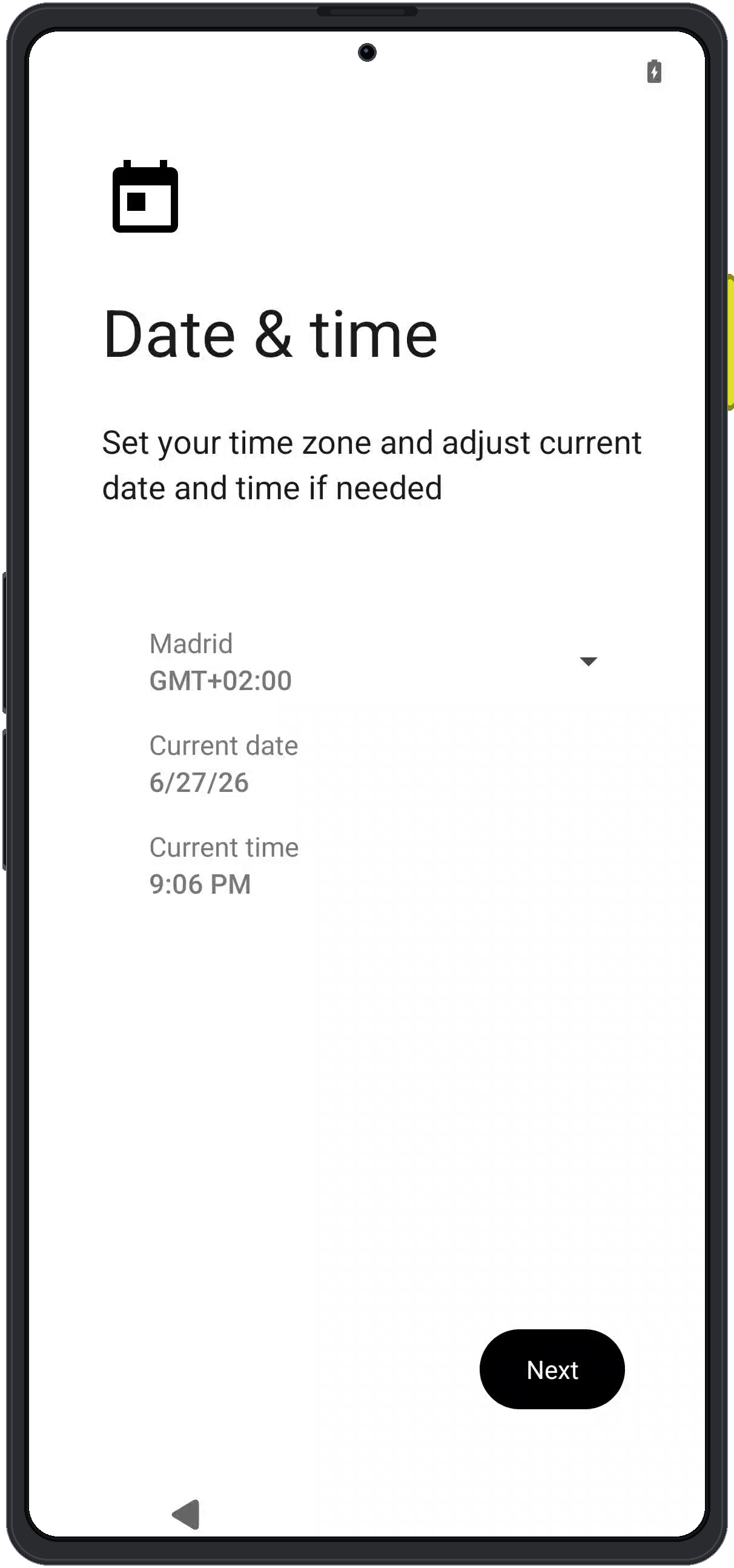 Enigm OS date and time setup screen