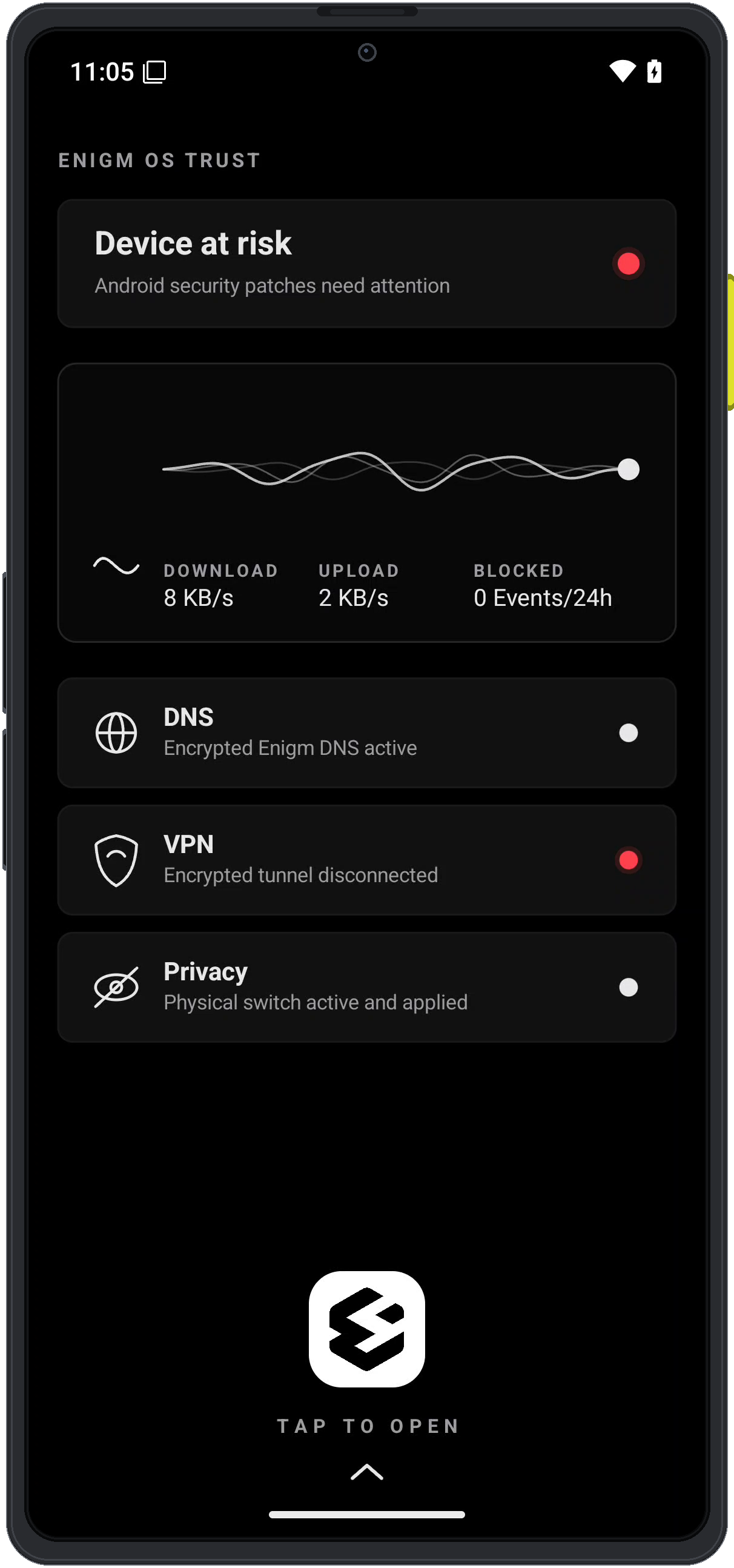 Enigm OS launcher showing Trust state and the Enigm open button