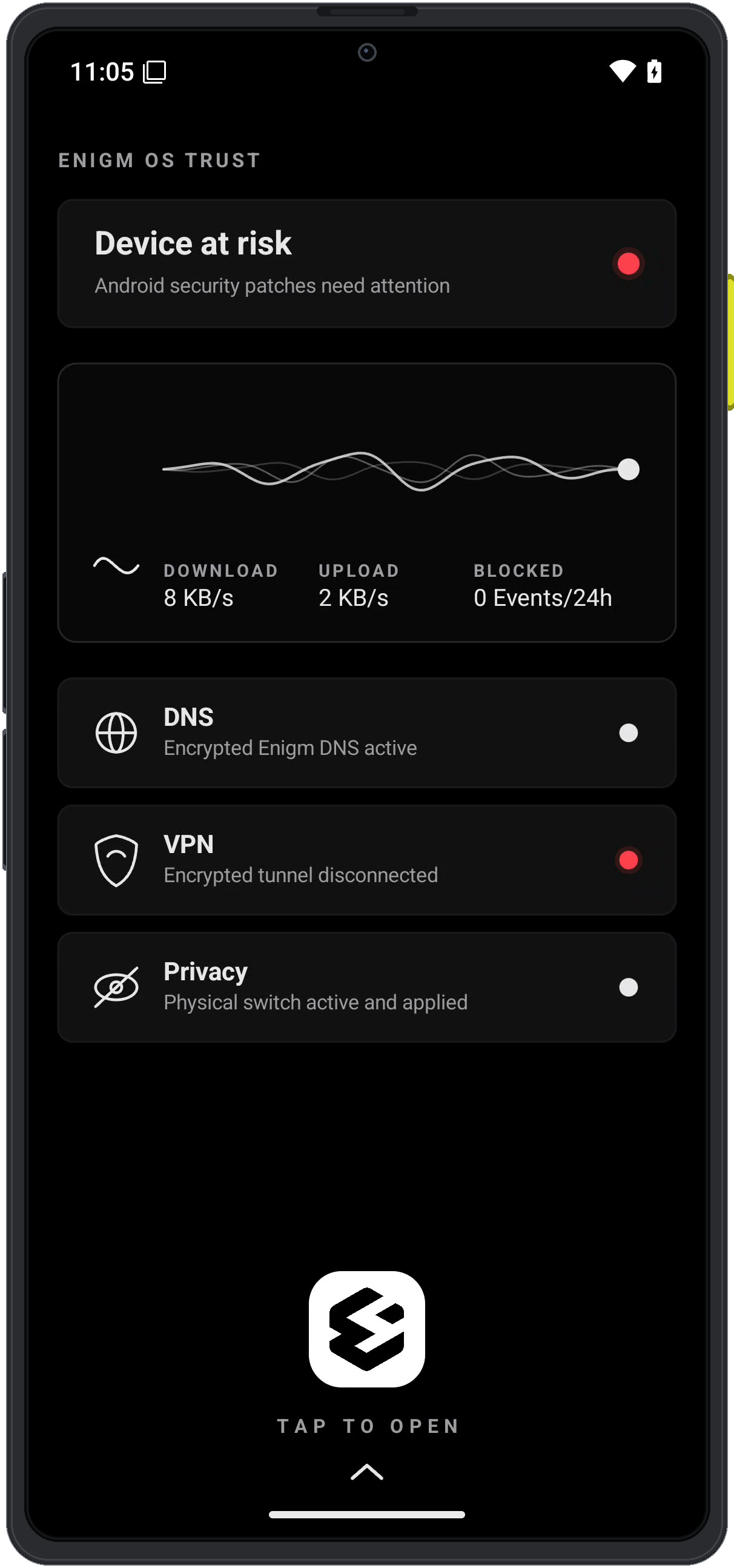 Enigm OS launcher showing Trust state and the Enigm open button