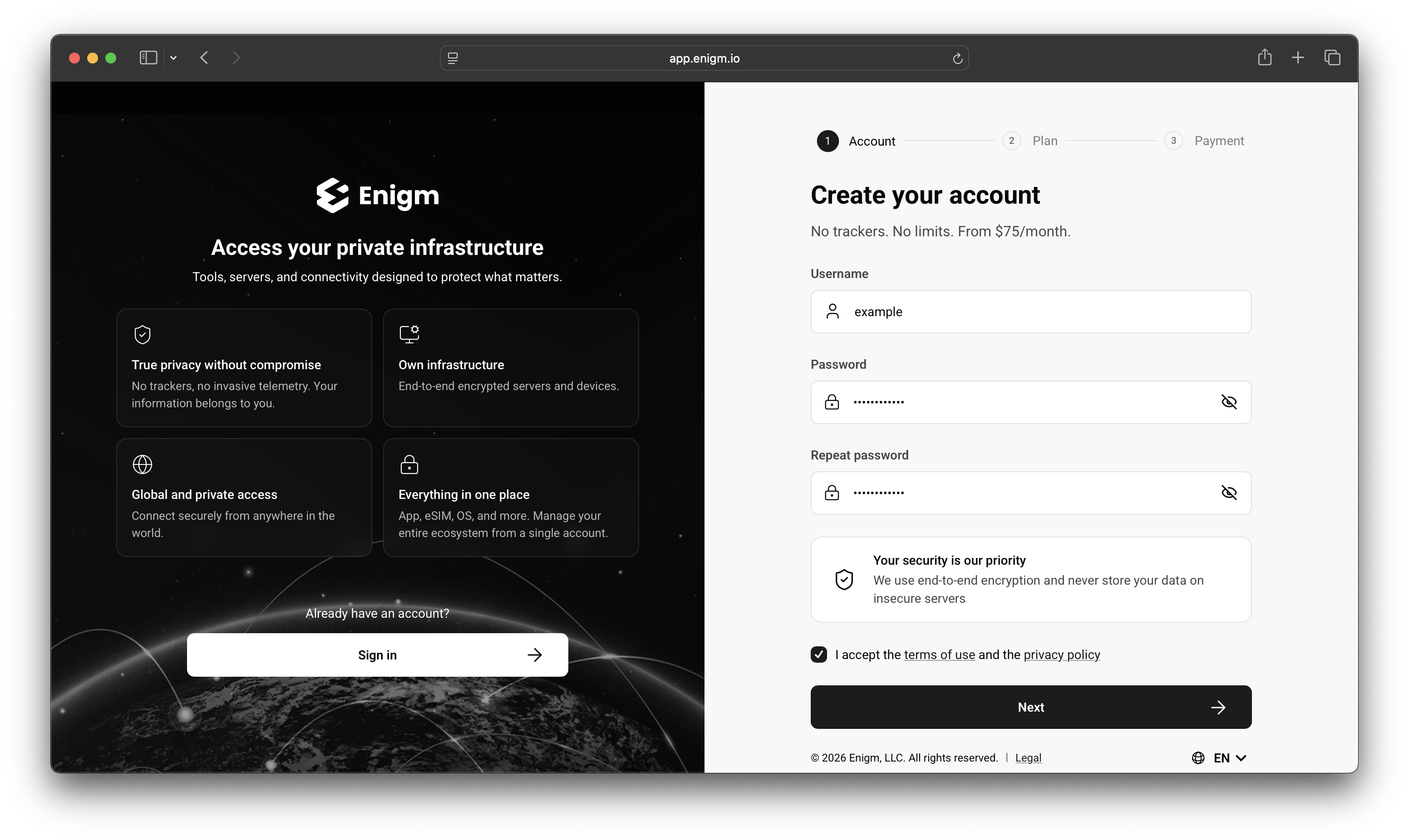 Enigm Command account creation form with username, password, terms, and continue action
