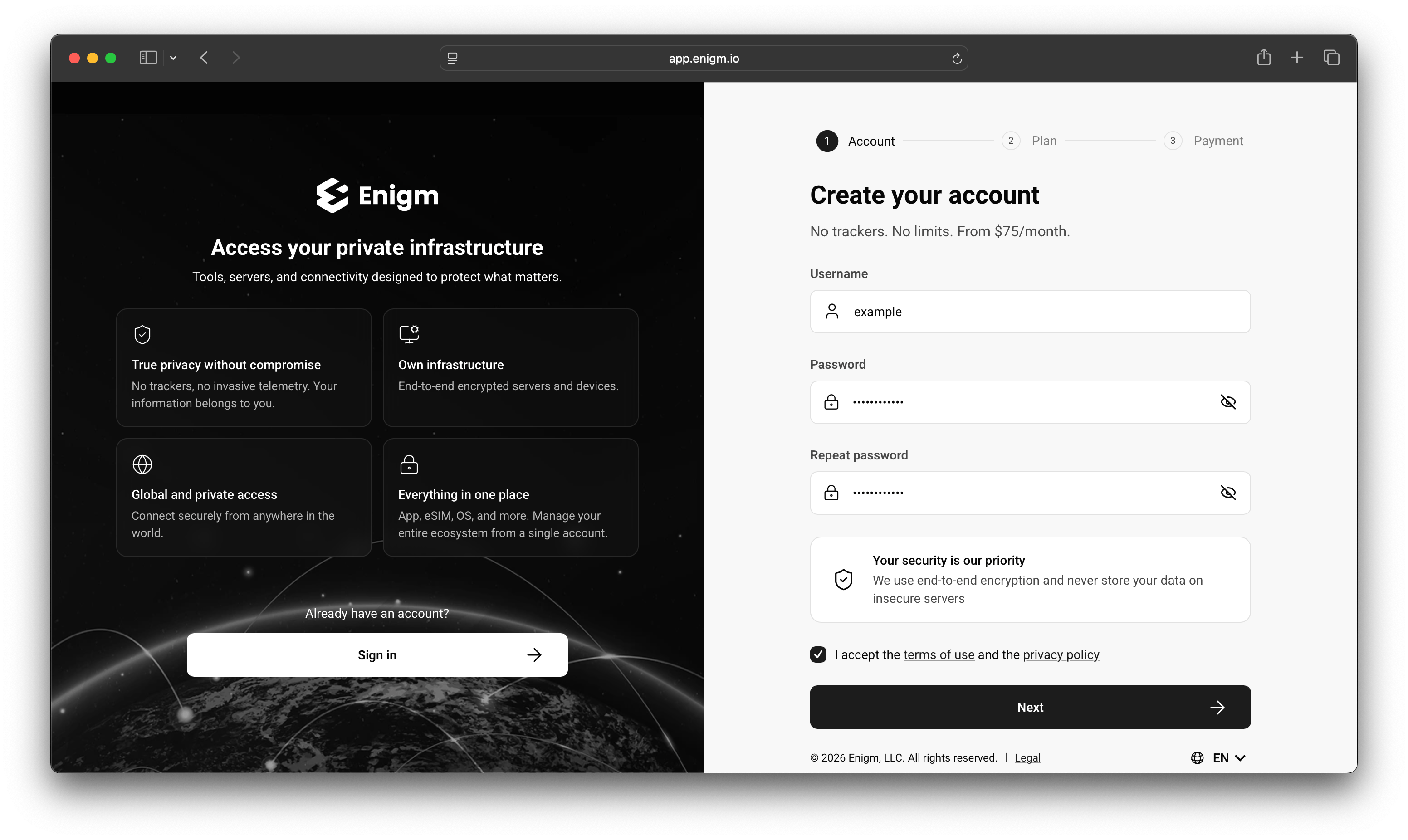 Enigm Command account creation form with username, password, terms, and continue action