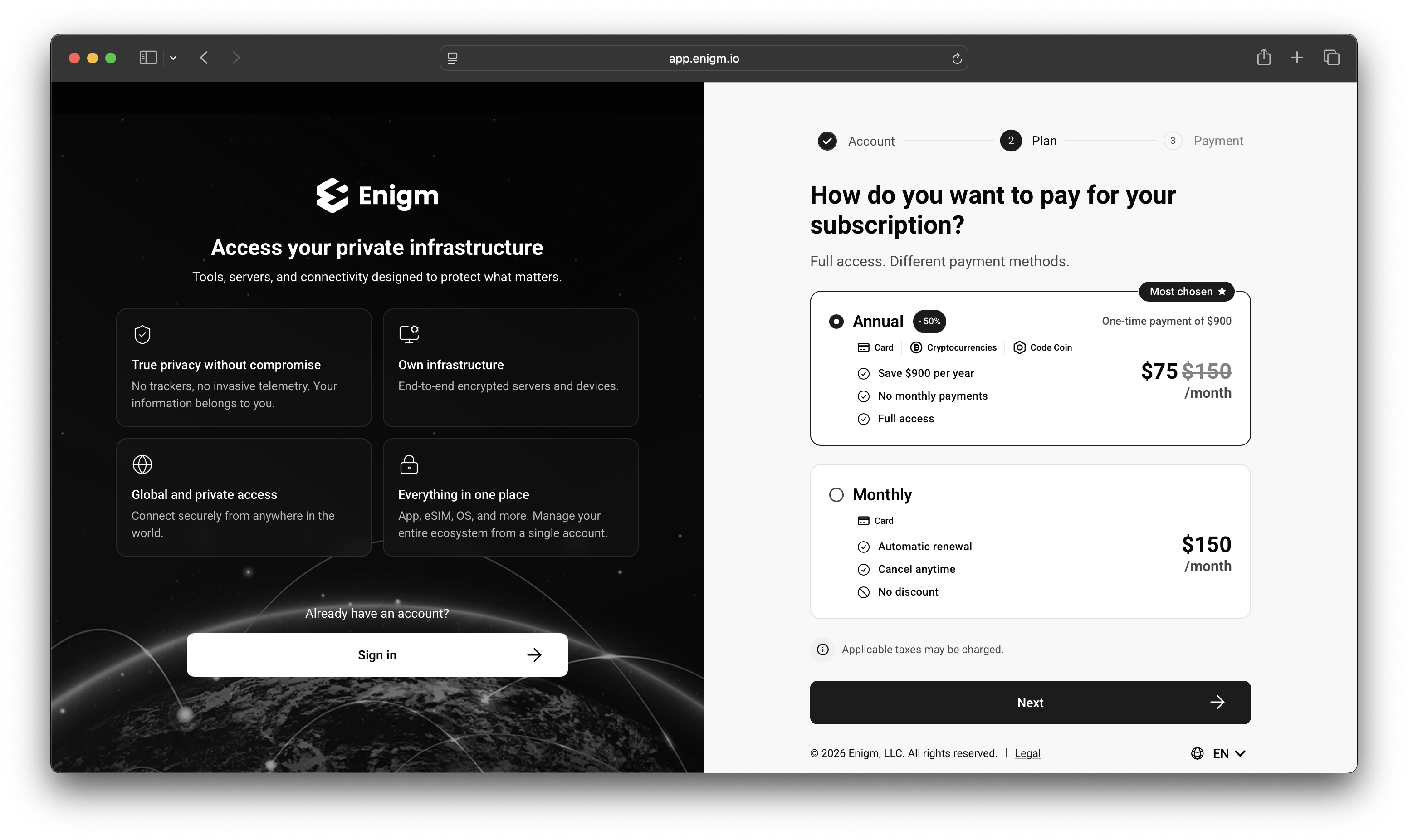 Enigm Command subscription plan selection screen