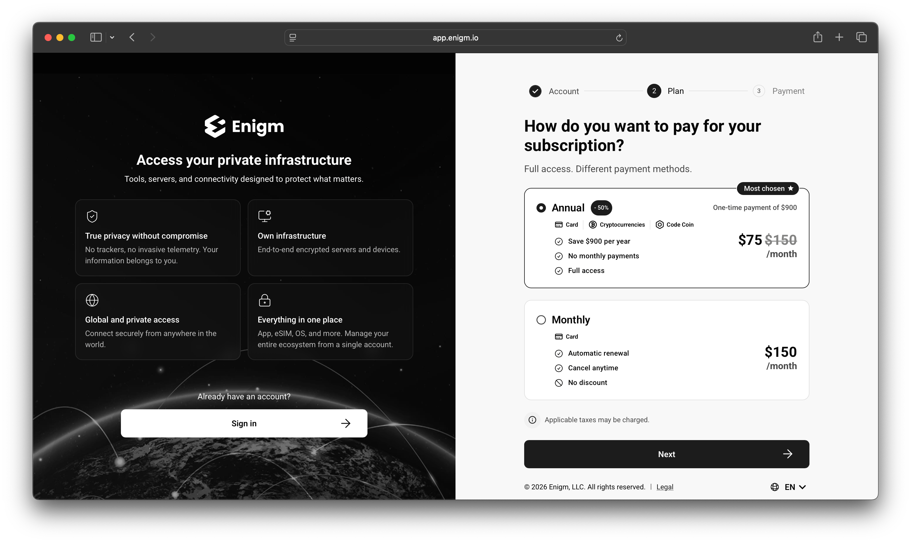 Enigm Command subscription plan selection screen