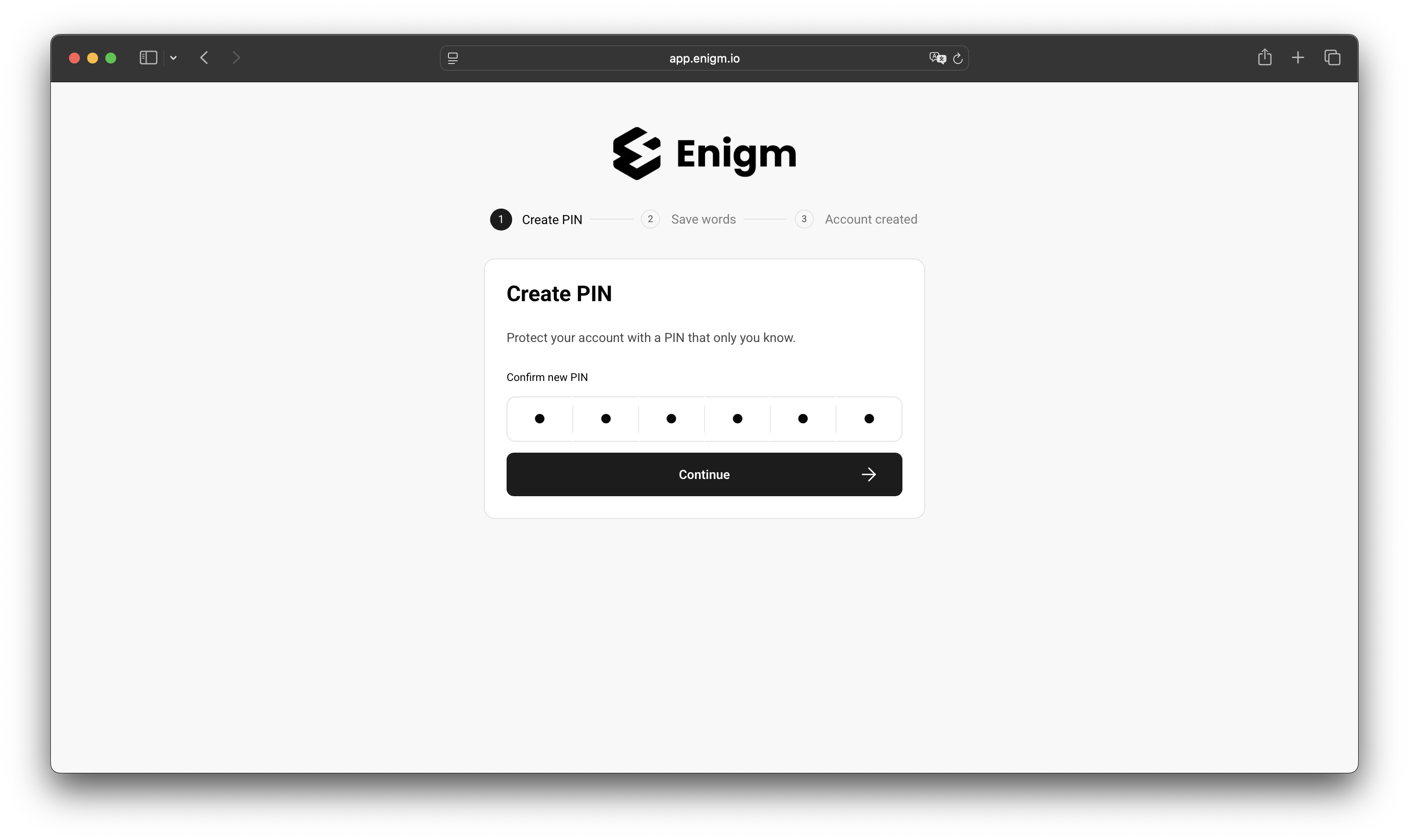 Enigm account setup screen for creating a PIN