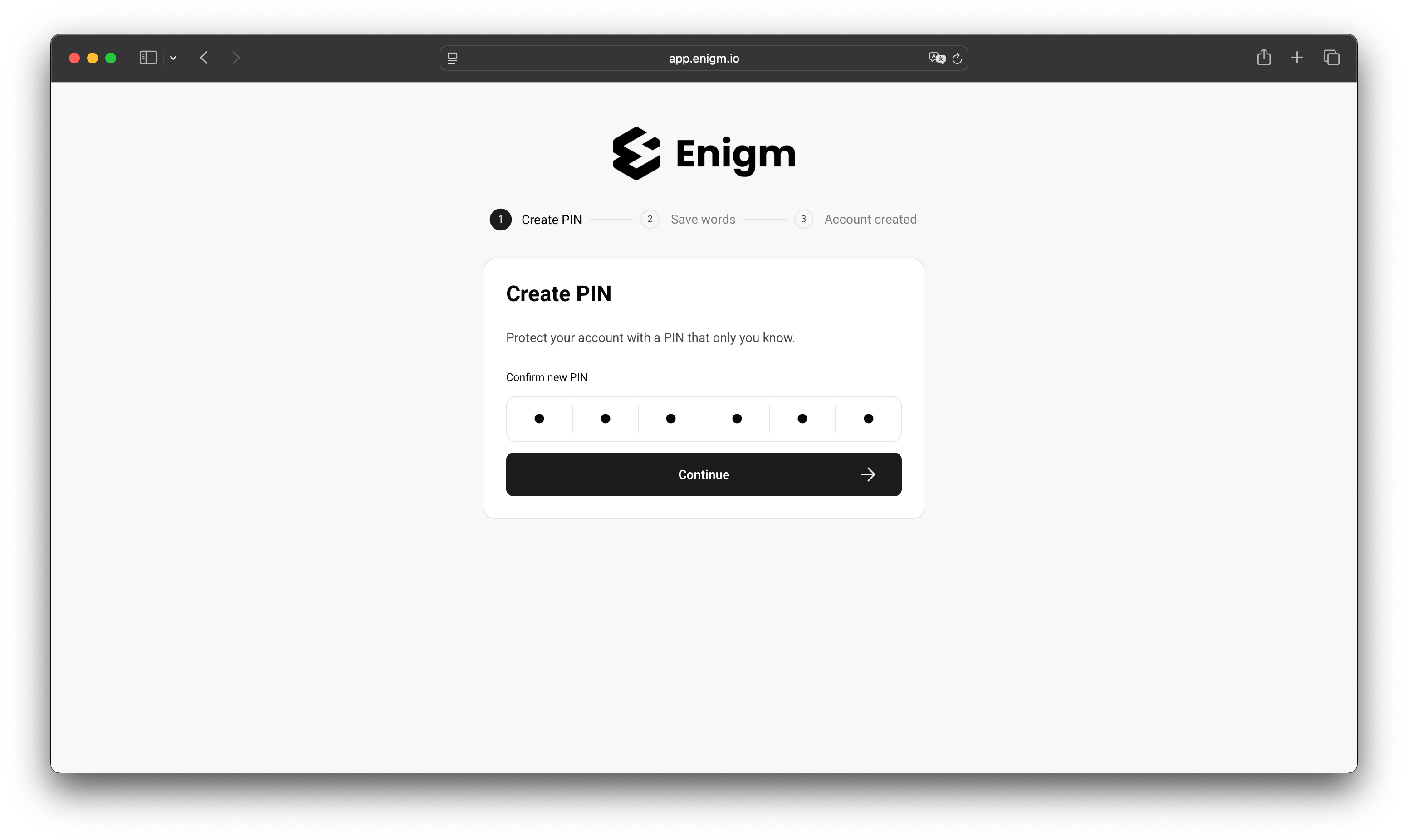 Enigm account setup screen for creating a PIN