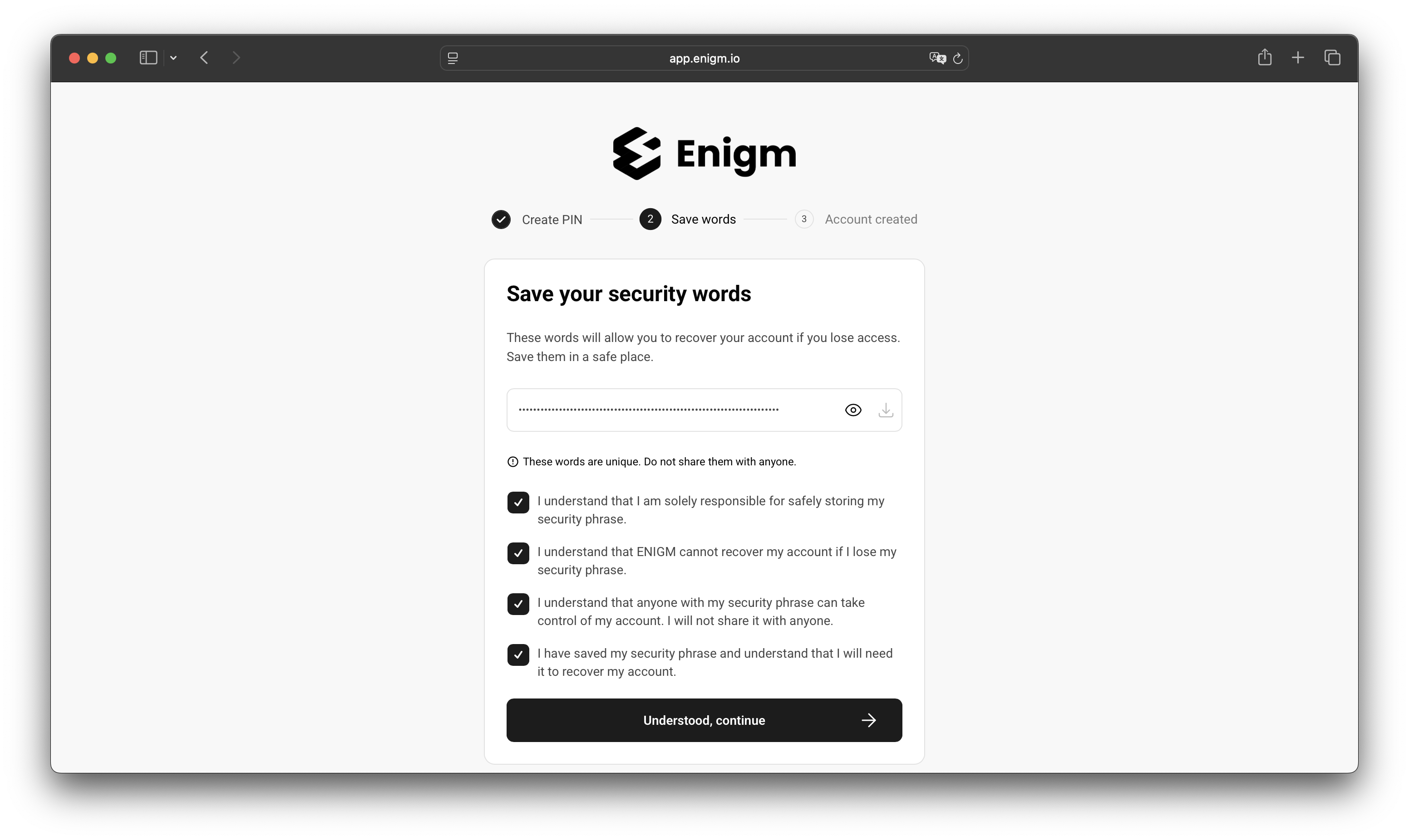 Enigm account setup screen for saving recovery words