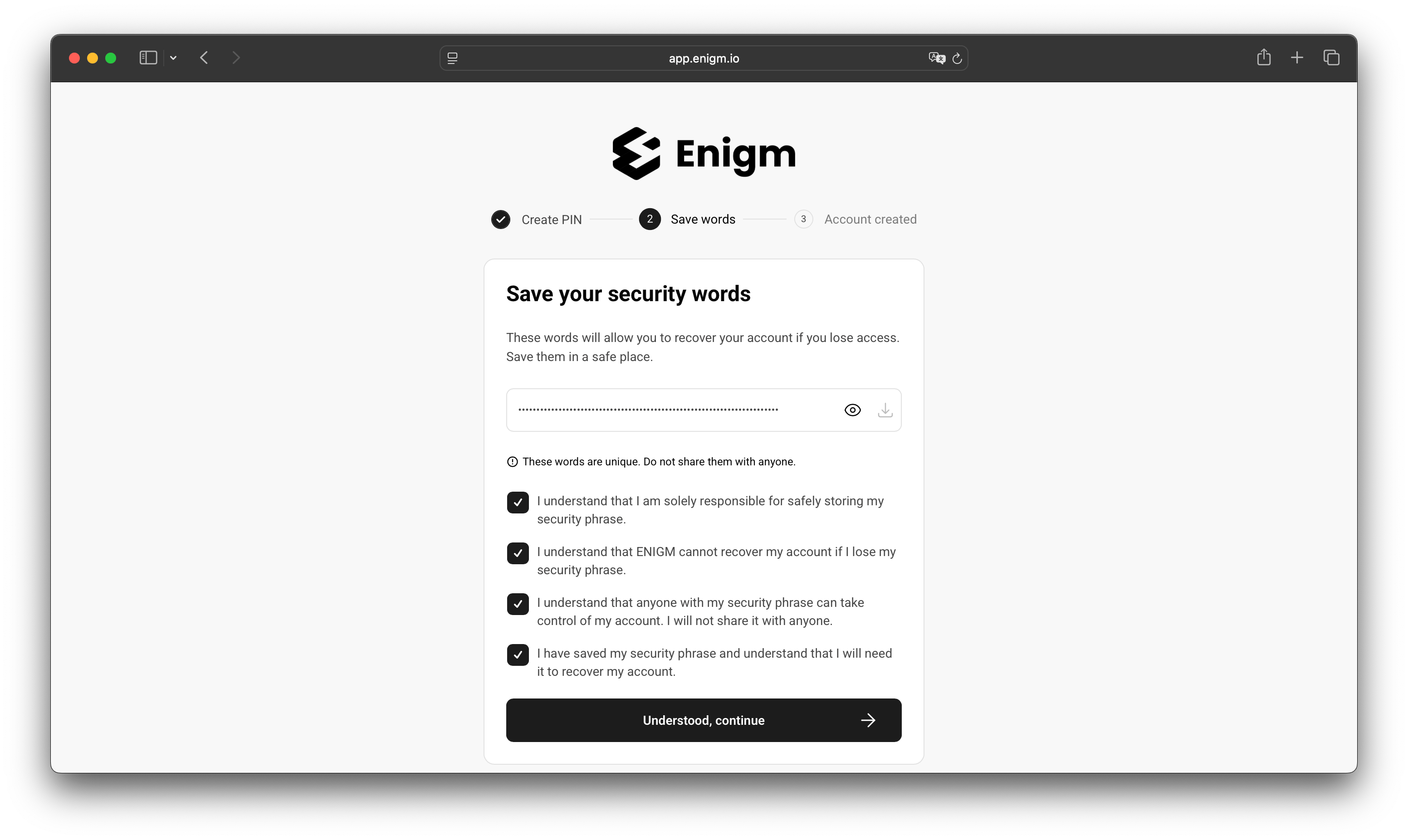 Enigm account setup screen for saving recovery words