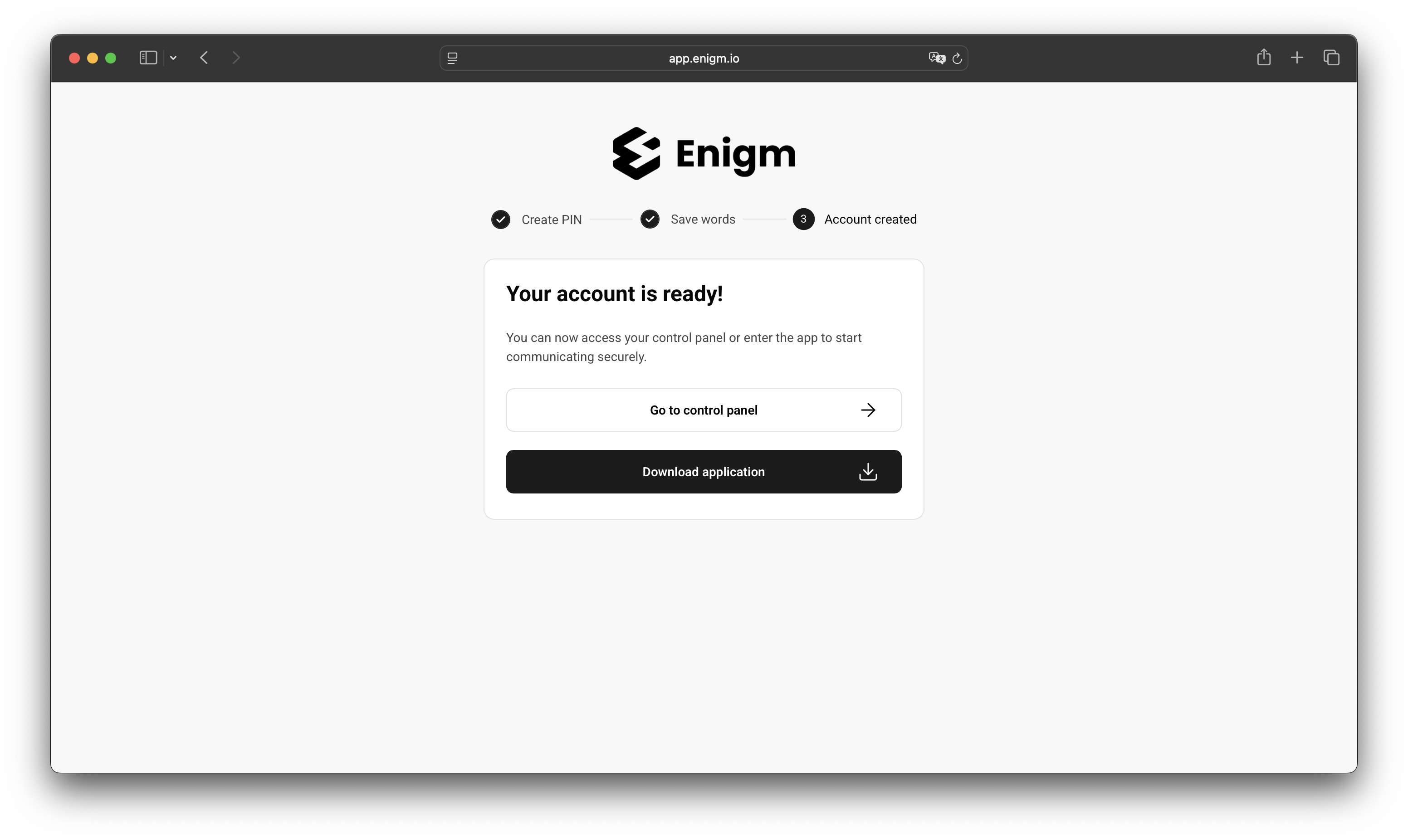 Enigm account ready screen with actions to open Enigm Command or download the app