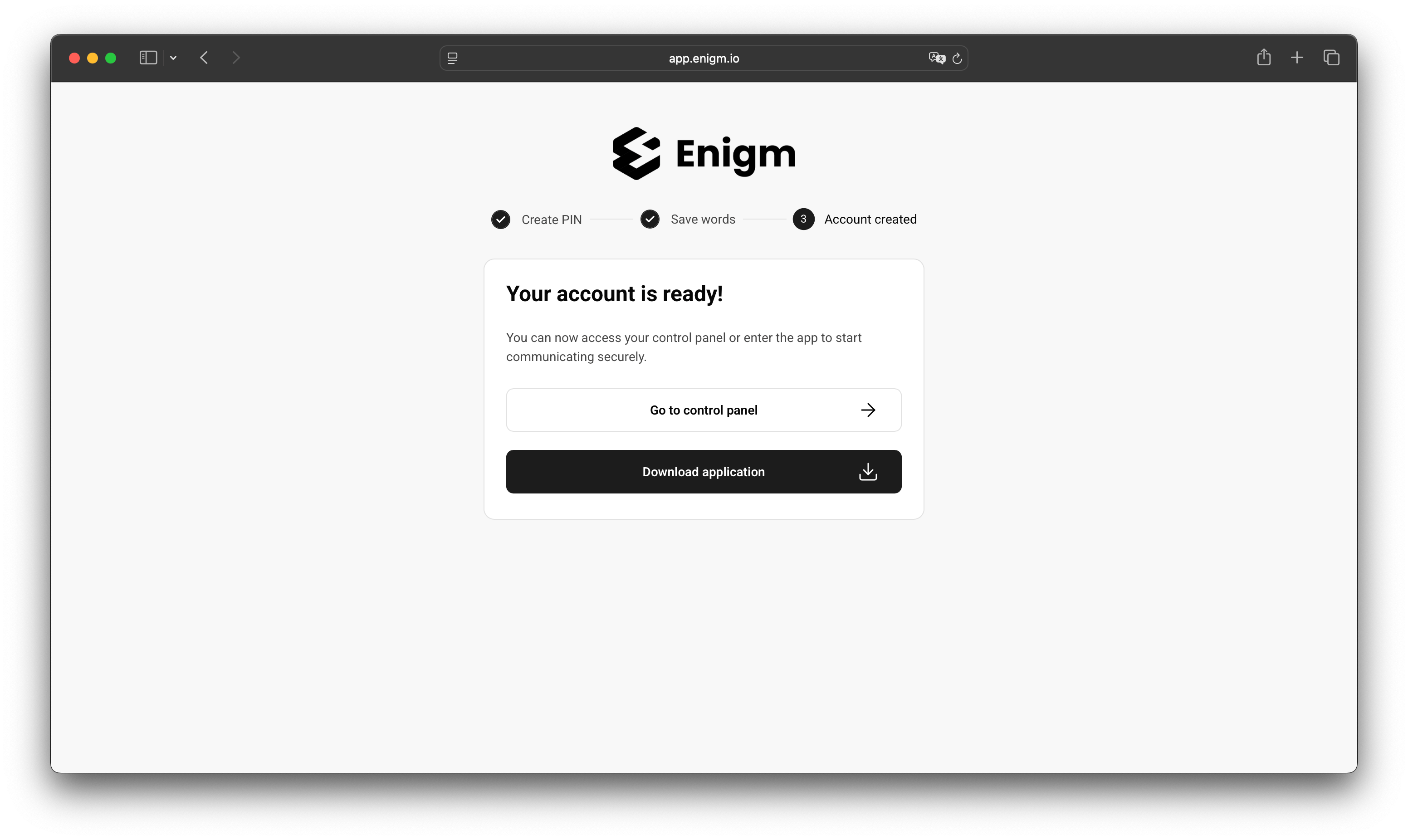 Enigm account ready screen with actions to open Enigm Command or download the app