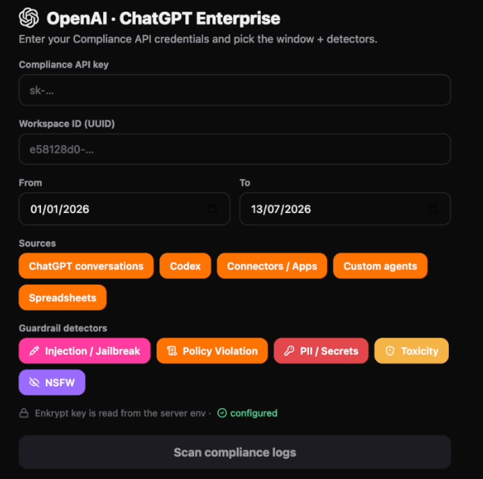 OpenAI Compliance integration configuration form with API key, workspace ID, date range, sources, and detectors