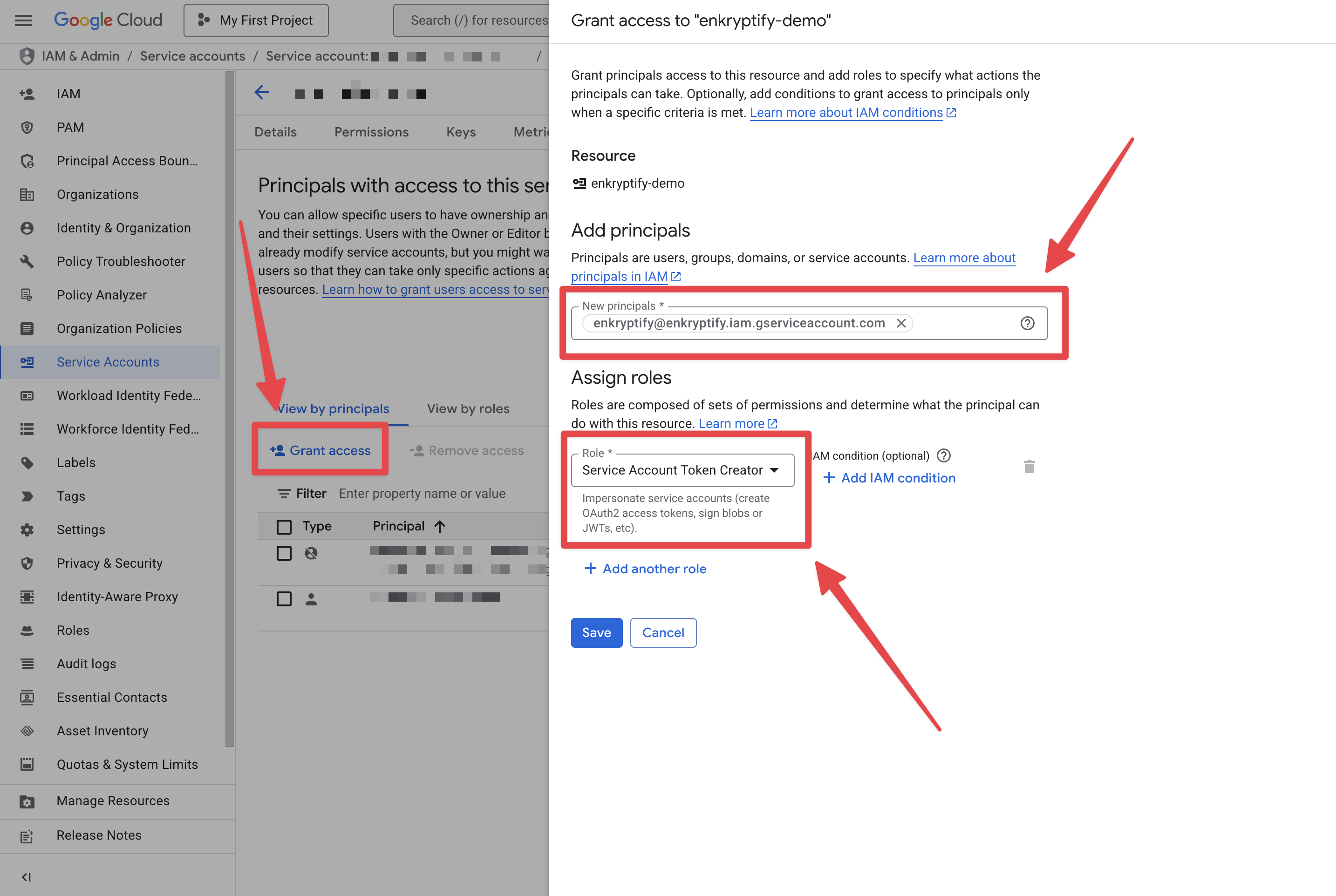Grant Enkryptify Service Account Token Creator on your SA