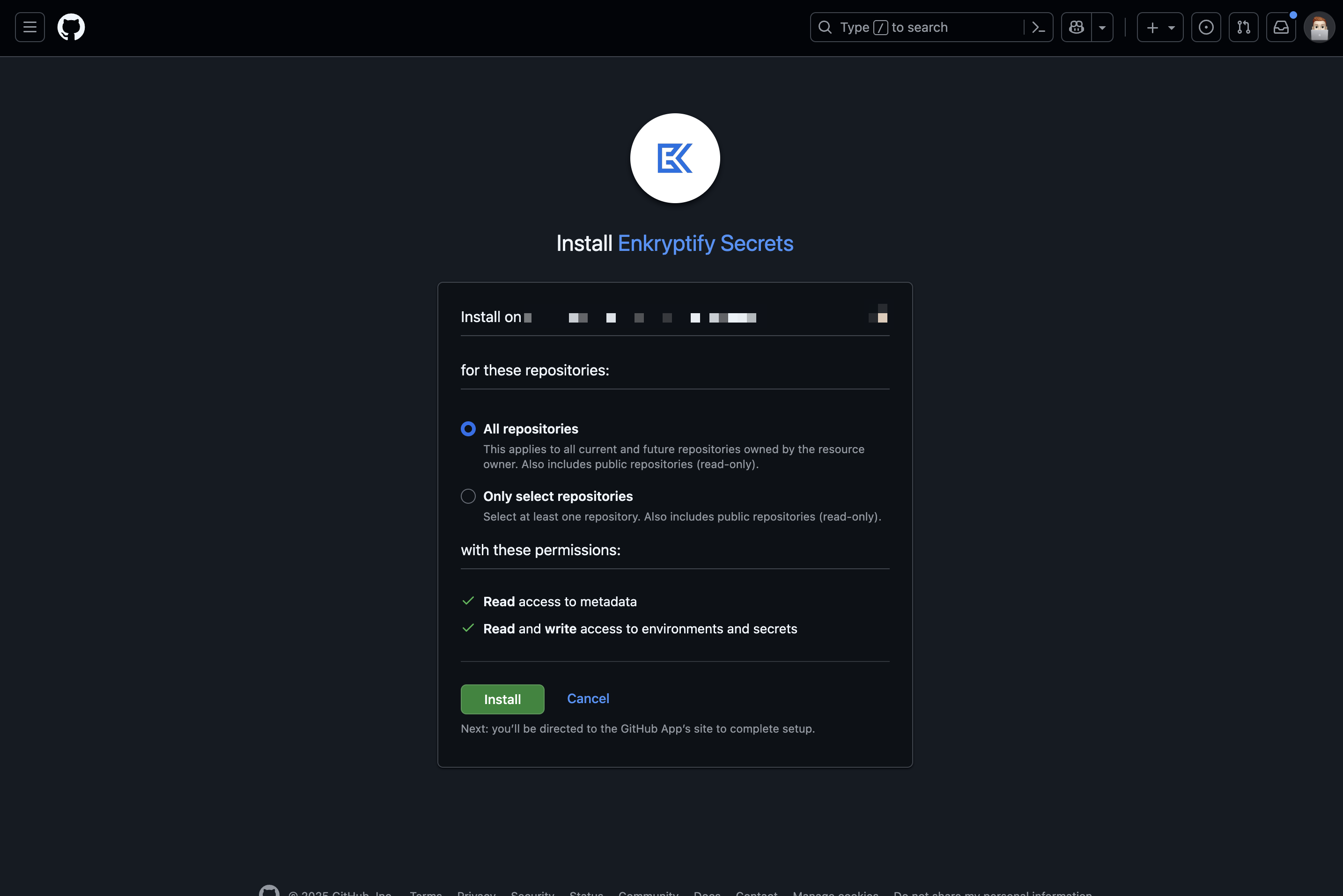 GitHub App install authorization screen