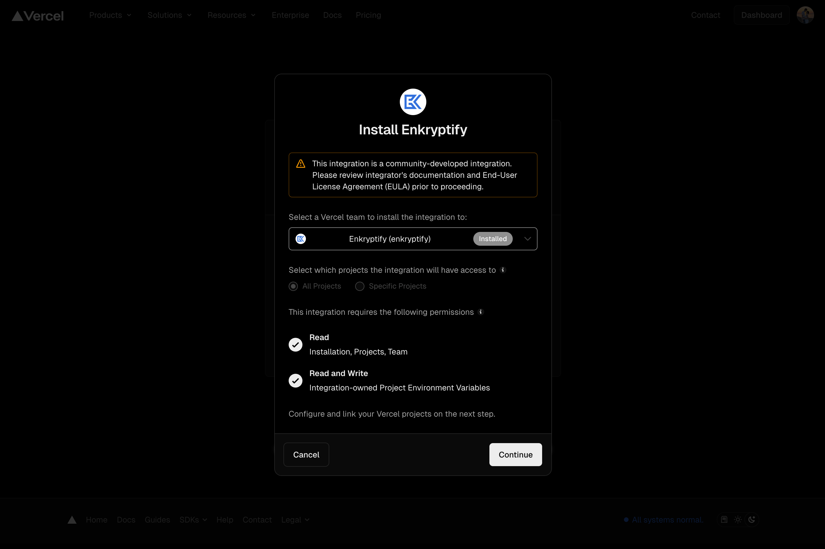 Vercel Integration install authorization screen