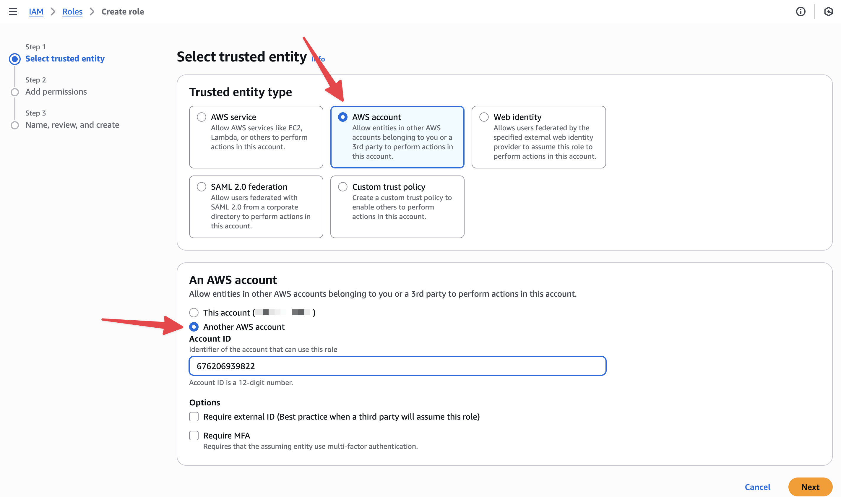 Start IAM role creation (trust setup)
