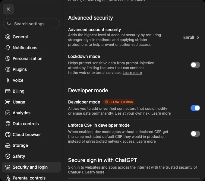ChatGPT Security and login settings with Developer mode enabled