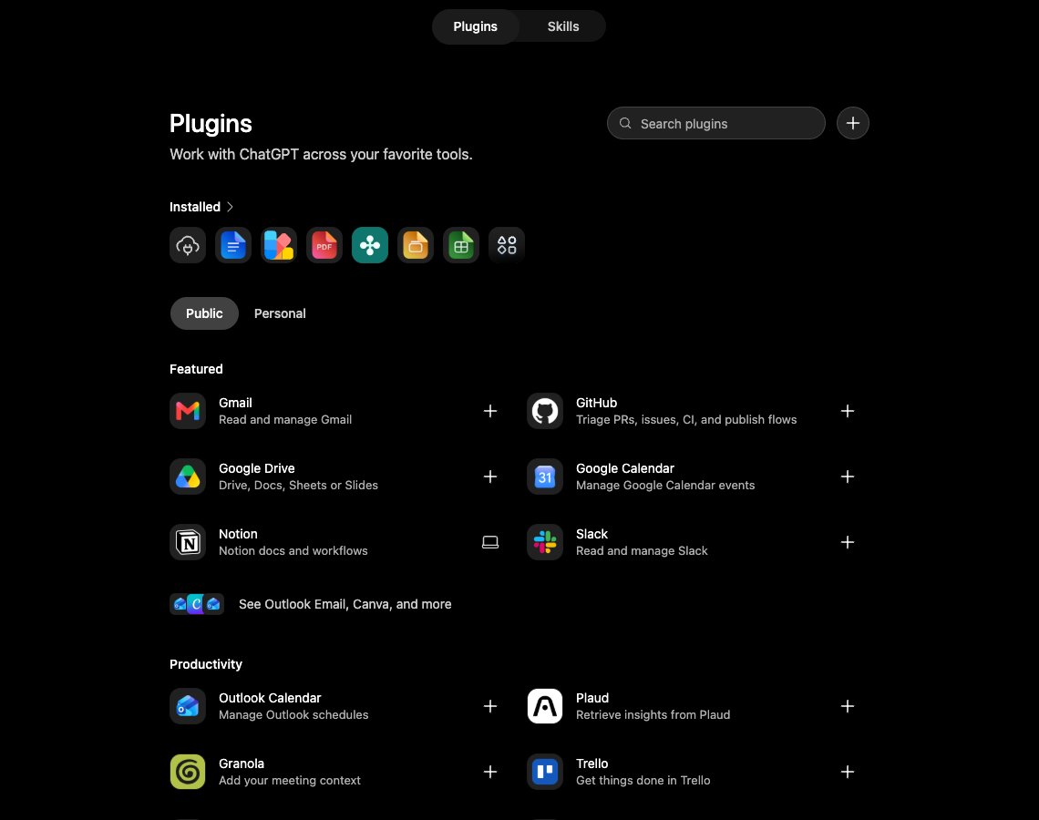 ChatGPT Plugins page with the plus button beside Search plugins