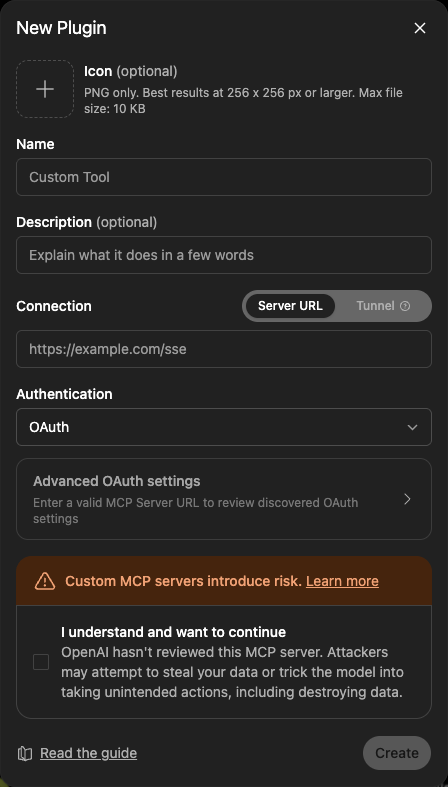 Blank ChatGPT New Plugin form showing the Server URL and OAuth fields