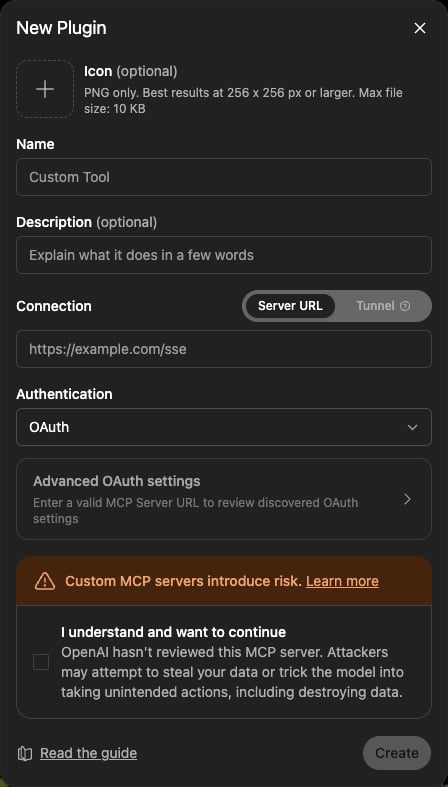 Blank ChatGPT New Plugin form showing the Server URL and OAuth fields