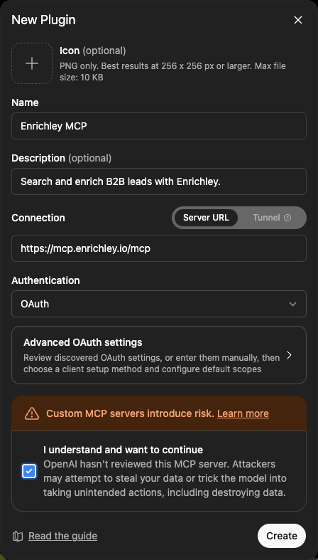 Completed ChatGPT New Plugin form for Enrichley MCP with the production URL and acknowledgment selected