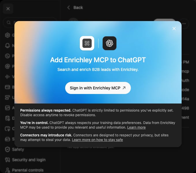 ChatGPT Add Enrichley MCP dialog with Sign in with Enrichley MCP