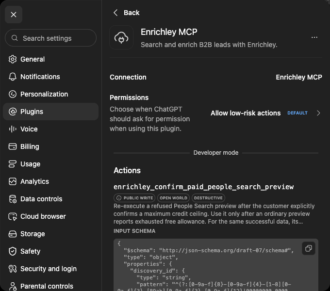ChatGPT Enrichley MCP settings showing loaded actions and the production connection