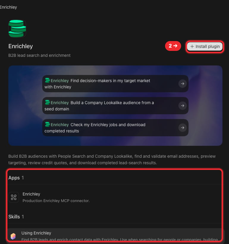 Enrichley plugin details highlighting Apps 1, Skills 1, and Install plugin