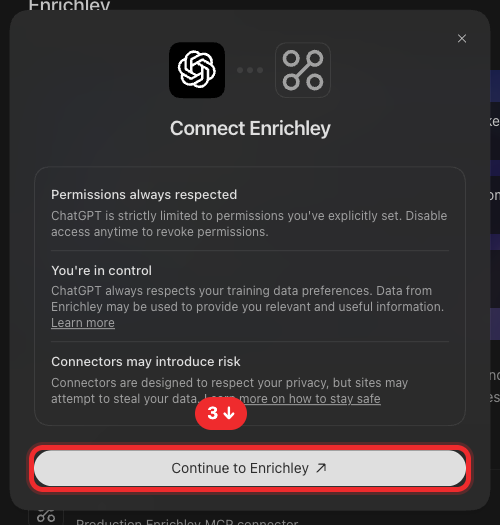 ChatGPT Connect Enrichley dialog highlighting Continue to Enrichley