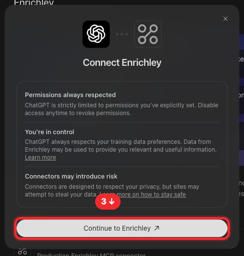 ChatGPT Connect Enrichley dialog highlighting Continue to Enrichley