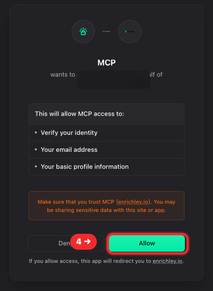 Enrichley identity consent page with the account identity hidden and Allow highlighted