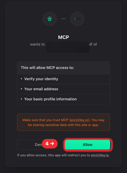 Enrichley identity consent page with the account identity hidden and Allow highlighted