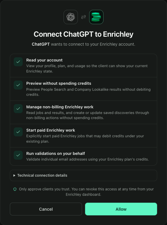 Enrichley authorization page showing the requested scopes and Allow button