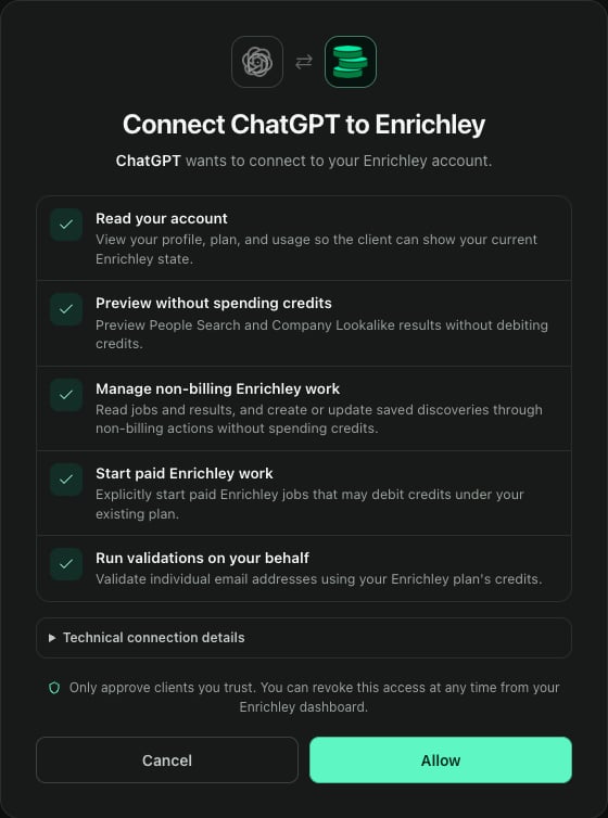 Enrichley authorization page showing the requested scopes and Allow button