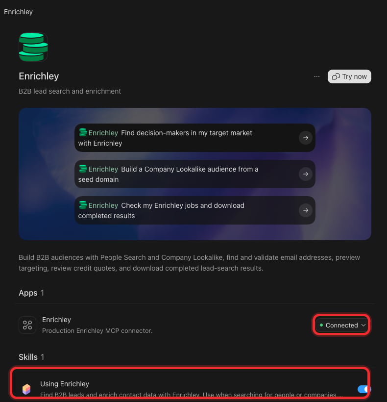Enrichley plugin page highlighting the connected Production app and enabled Using Enrichley skill